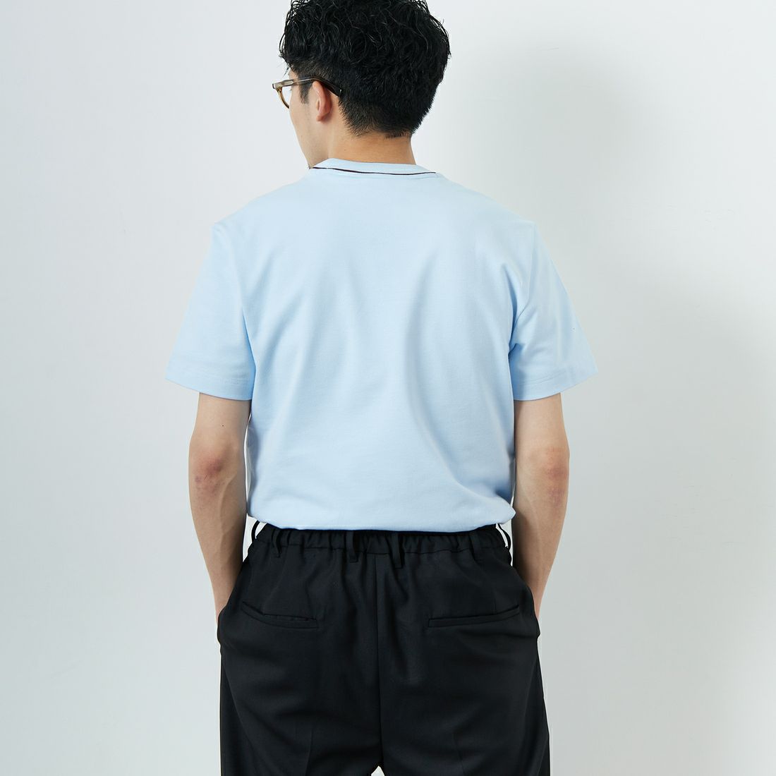 LACOSTE [ラコステ] ラインドリブネック鹿の子地Tシャツ [TH1004] T01 SAX &&モデル身長：168cm 着用サイズ：3&&