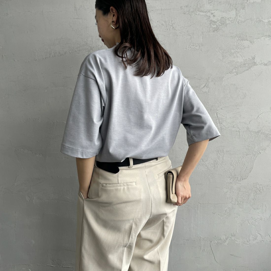LACOSTE [ラコステ] 5分袖モックネックサマーニットTシャツ [TH079] CCA L.GREY &&モデル身長：163cm 着用サイズ：2&&