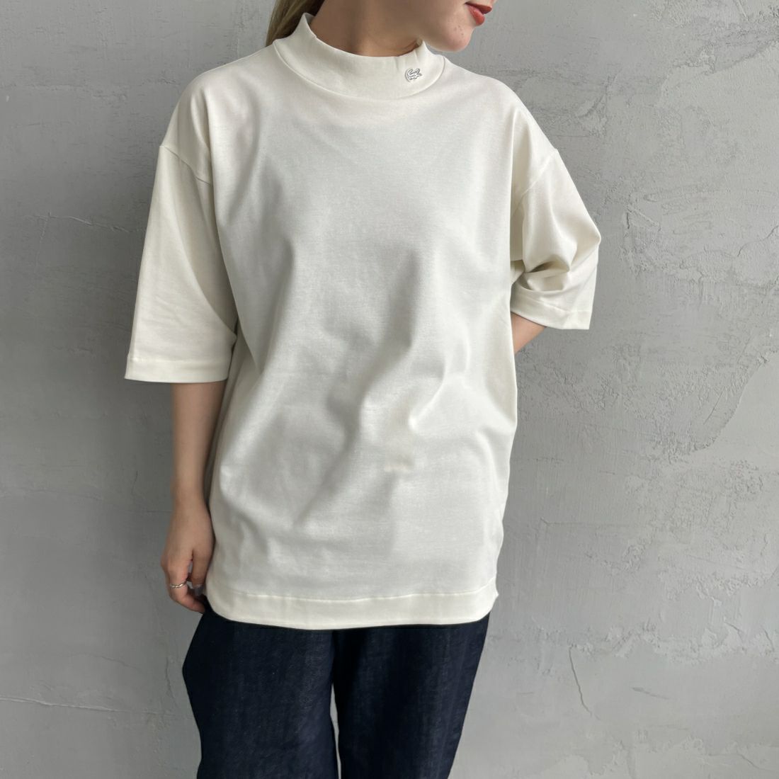 LACOSTE [ラコステ] 5分袖モックネックサマーニットTシャツ [TH079] 70V VLOUR &&モデル身長：156cm 着用サイズ：2&&