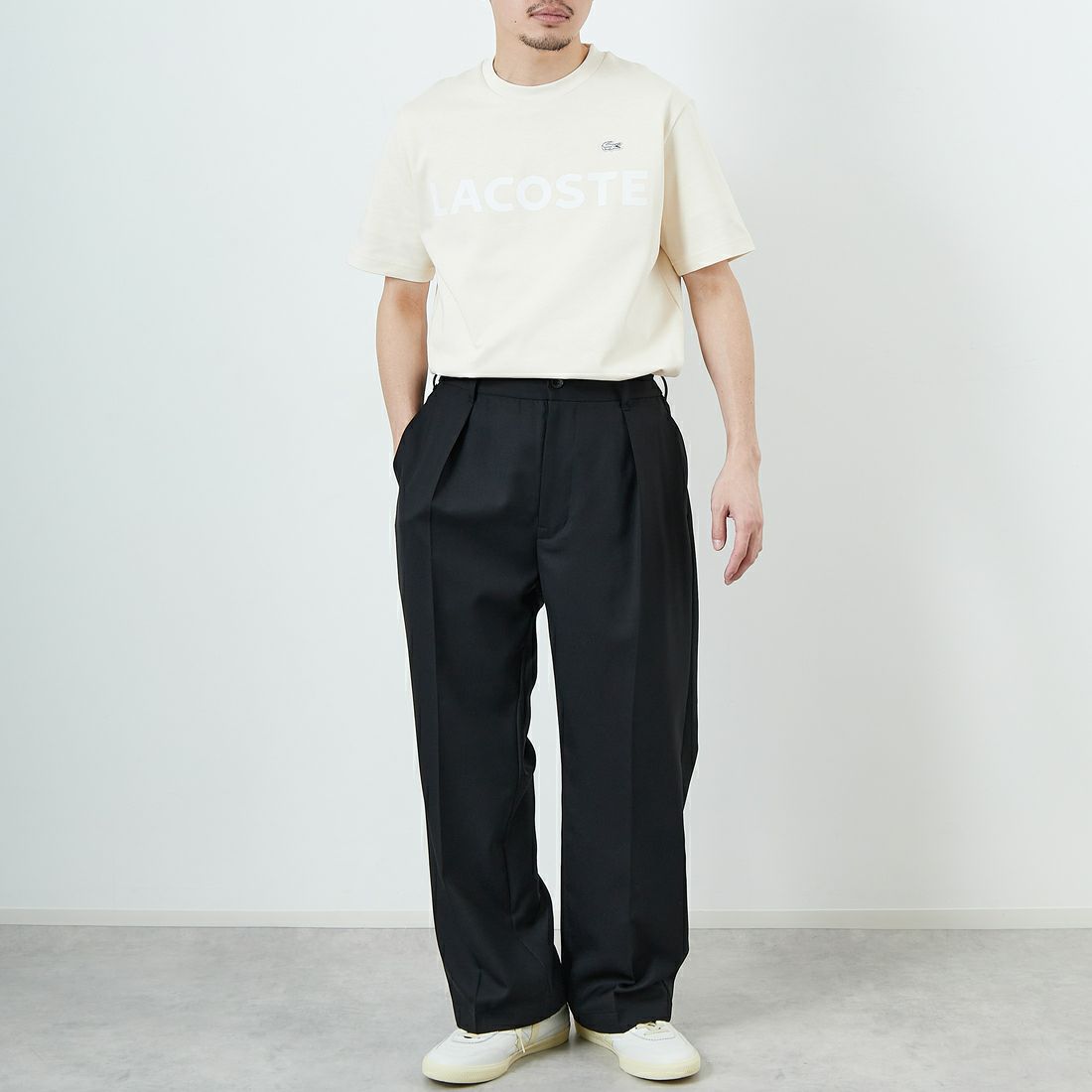 LACOSTE [ラコステ] ヘビーウェイトロゴTシャツ [TH2299] XFJ ECRU &&モデル身長：168cm 着用サイズ：3&&