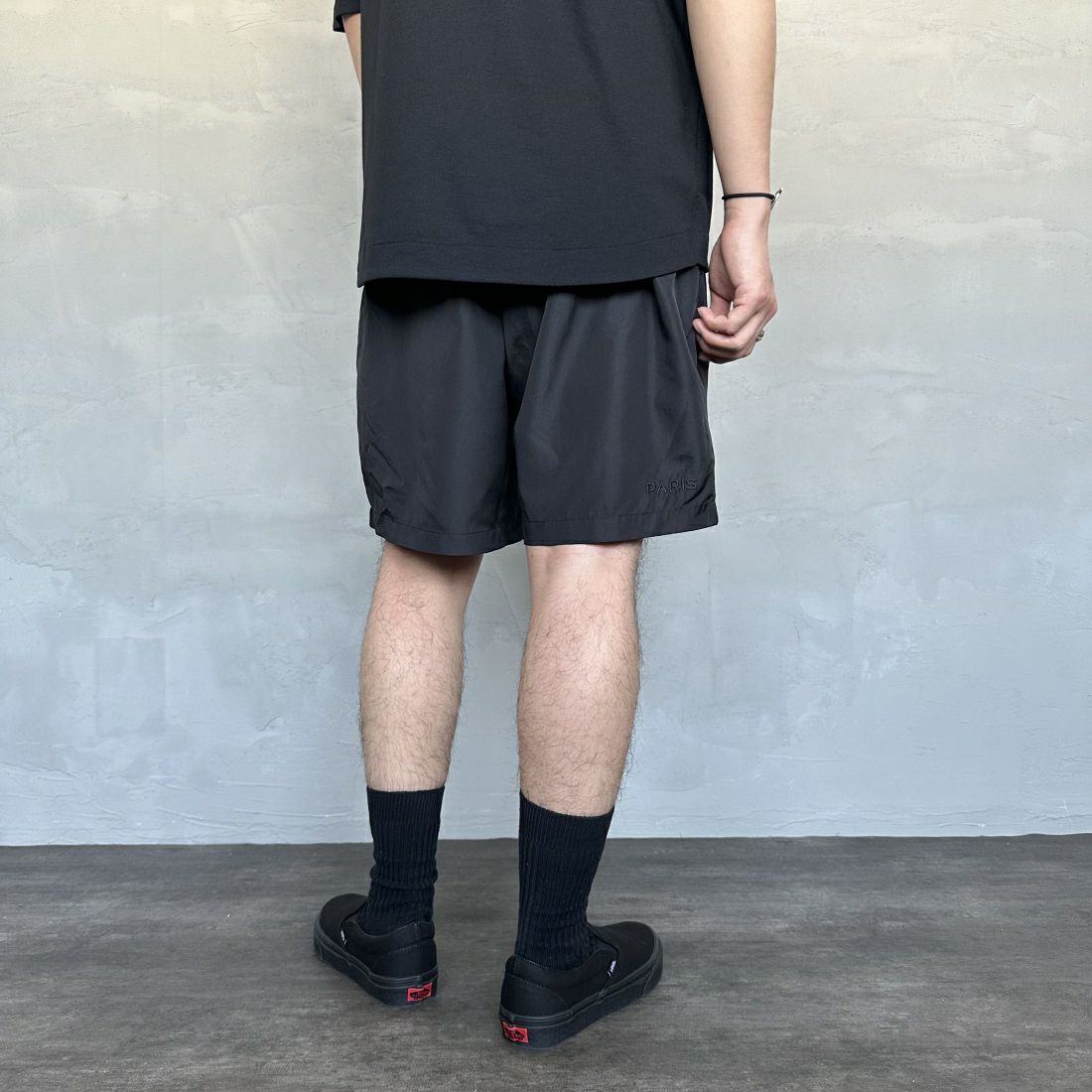 PARIS SAINT-GERMAN [パリ・サンジェルマン] 刺繍ロゴ ウインドショートパンツ [PS1224SS0001] BLACK &&モデル身長：173cm 着用サイズ：L&&