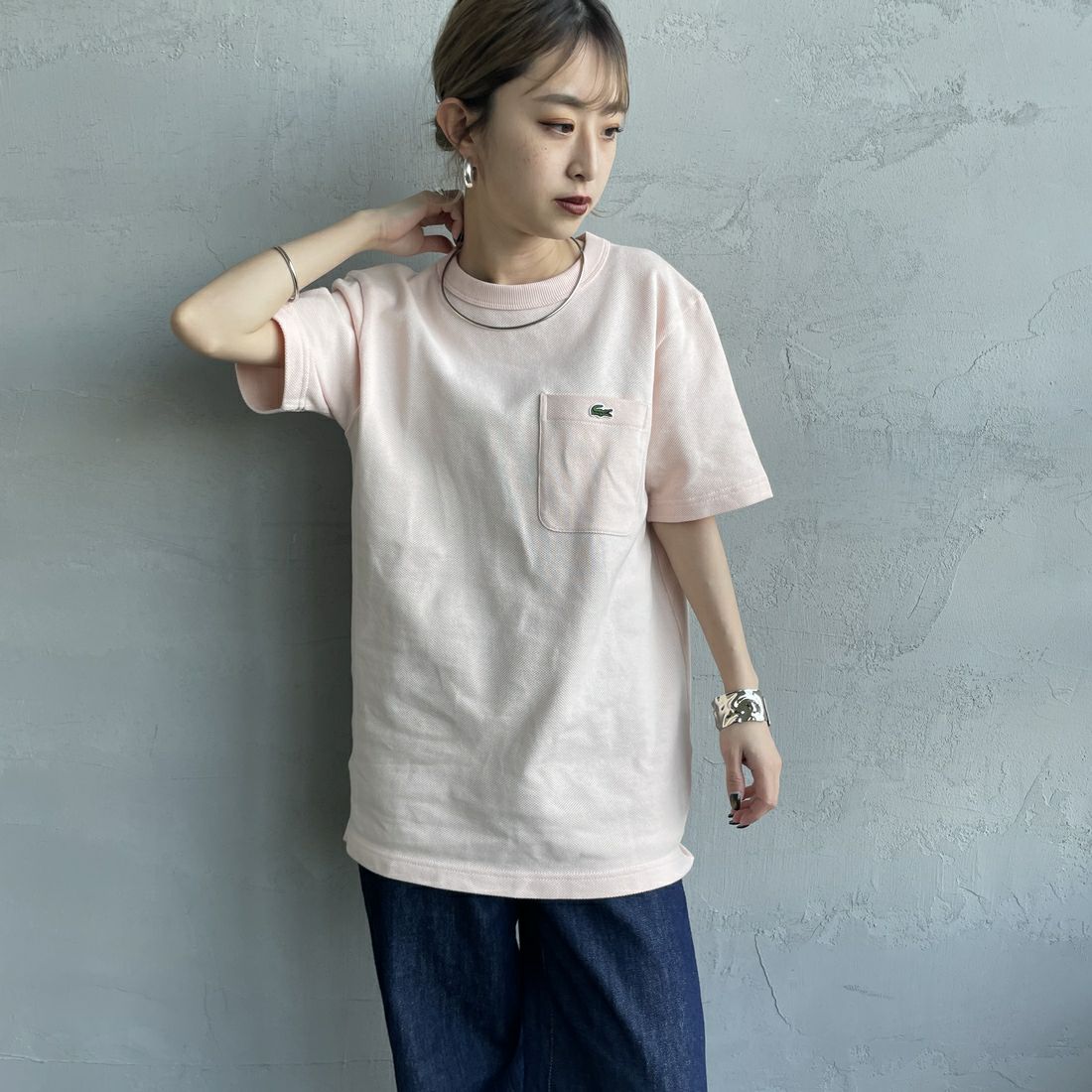 LACOSTE [ラコステ] ワンポイントロゴ 鹿の子ポケットTシャツ [TH4921] HCZ L.PINK &&モデル身長：150cm 着用サイズ：2&&