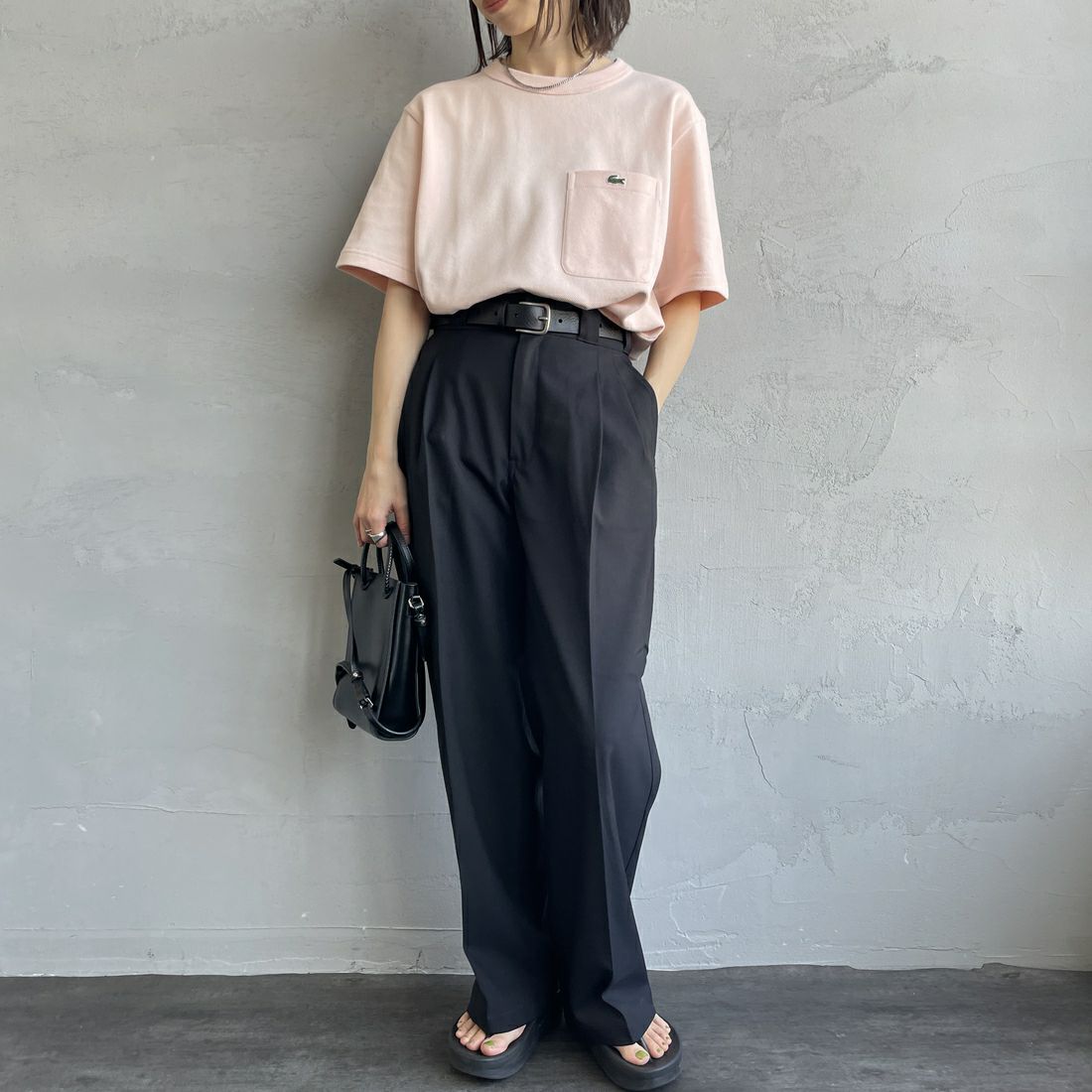 LACOSTE [ラコステ] ワンポイントロゴ 鹿の子ポケットTシャツ [TH4921] HCZ L.PINK &&モデル身長：158cm 着用サイズ：2&&
