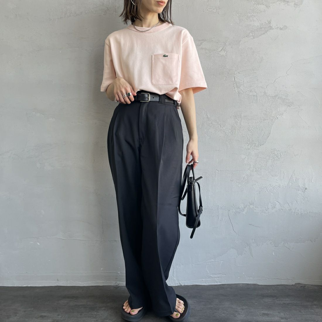 LACOSTE [ラコステ] ワンポイントロゴ 鹿の子ポケットTシャツ [TH4921] HCZ L.PINK &&モデル身長：158cm 着用サイズ：2&&
