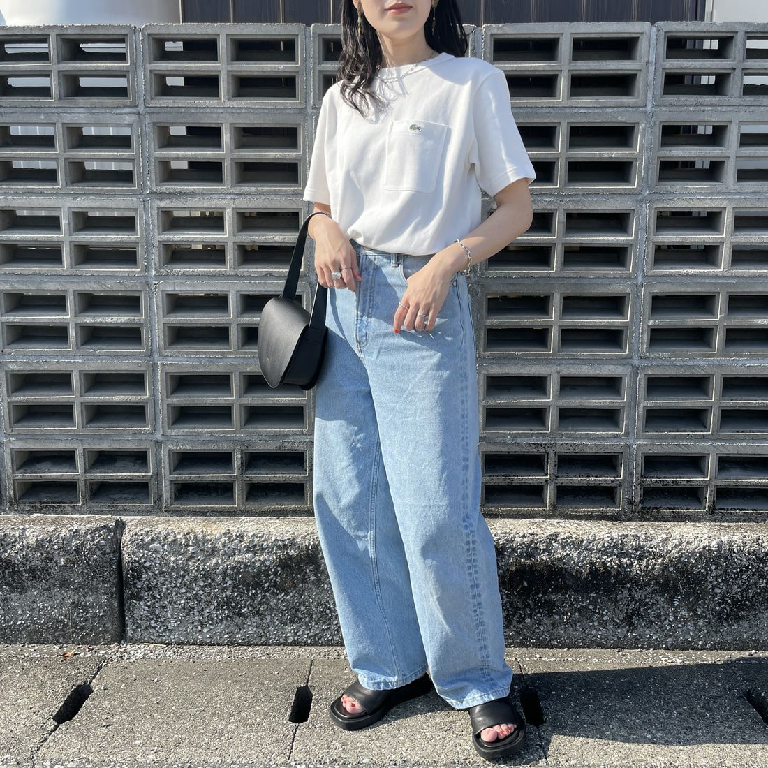 LACOSTE [ラコステ] ワンポイントロゴ 鹿の子ポケットTシャツ [TH4921] 70V WHITE &&モデル身長：160cm 着用サイズ：2&&