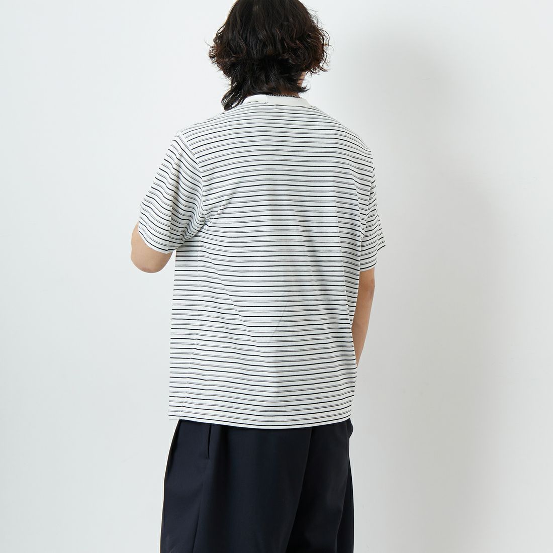 DANTON [ダントン] ストライプ ポケットTシャツ [DT-C0198TCB] ECRU/BLK &&モデル身長：179cm 着用サイズ：L&&