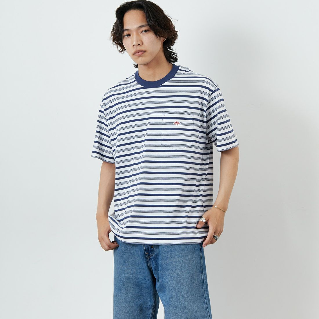 DANTON [ダントン] ストライプ ポケットTシャツ [DT-C0198TCB] L.NVY/WHT &&モデル身長：179cm 着用サイズ：XXL&&