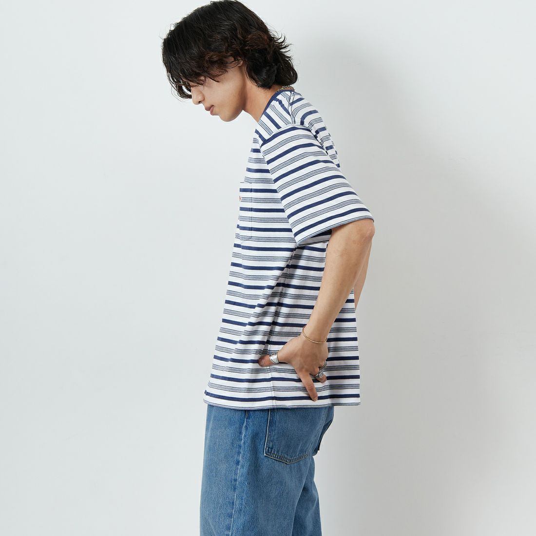 DANTON [ダントン] ストライプ ポケットTシャツ [DT-C0198TCB] L.NVY/WHT &&モデル身長：179cm 着用サイズ：XXL&&