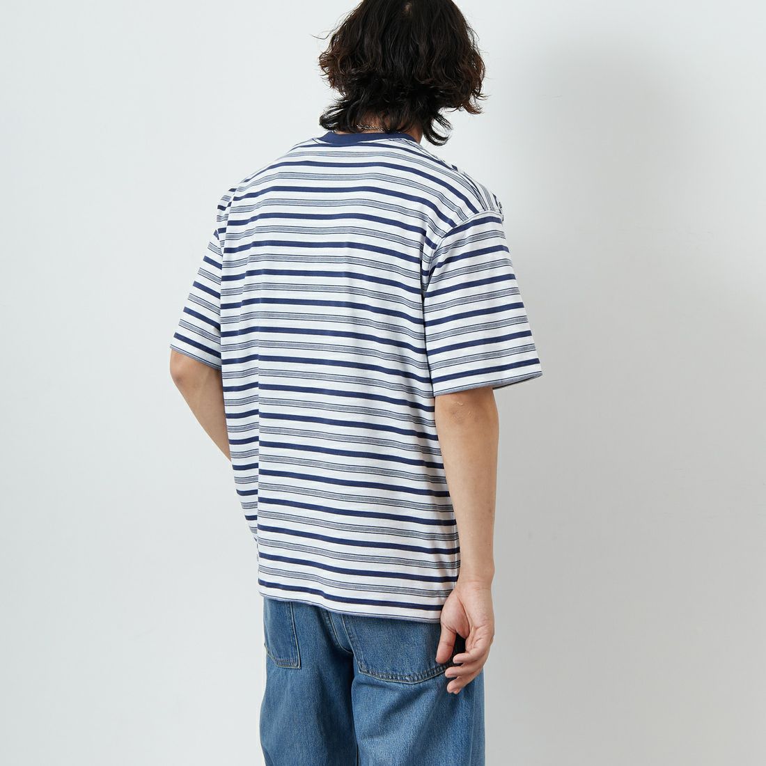 DANTON [ダントン] ストライプ ポケットTシャツ [DT-C0198TCB] L.NVY/WHT &&モデル身長：179cm 着用サイズ：XXL&&