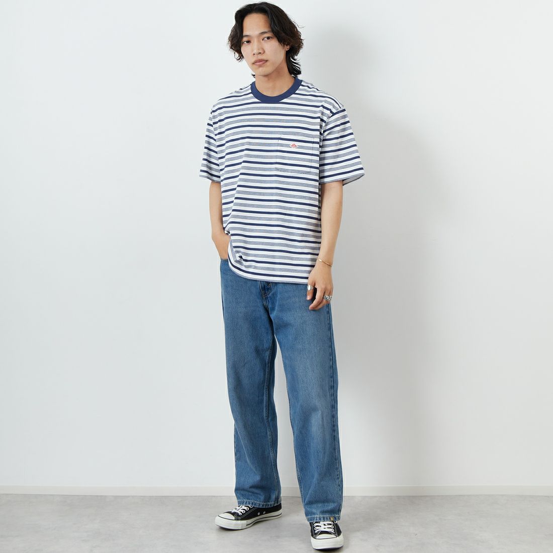 DANTON [ダントン] ストライプ ポケットTシャツ [DT-C0198TCB] L.NVY/WHT &&モデル身長：179cm 着用サイズ：XXL&&