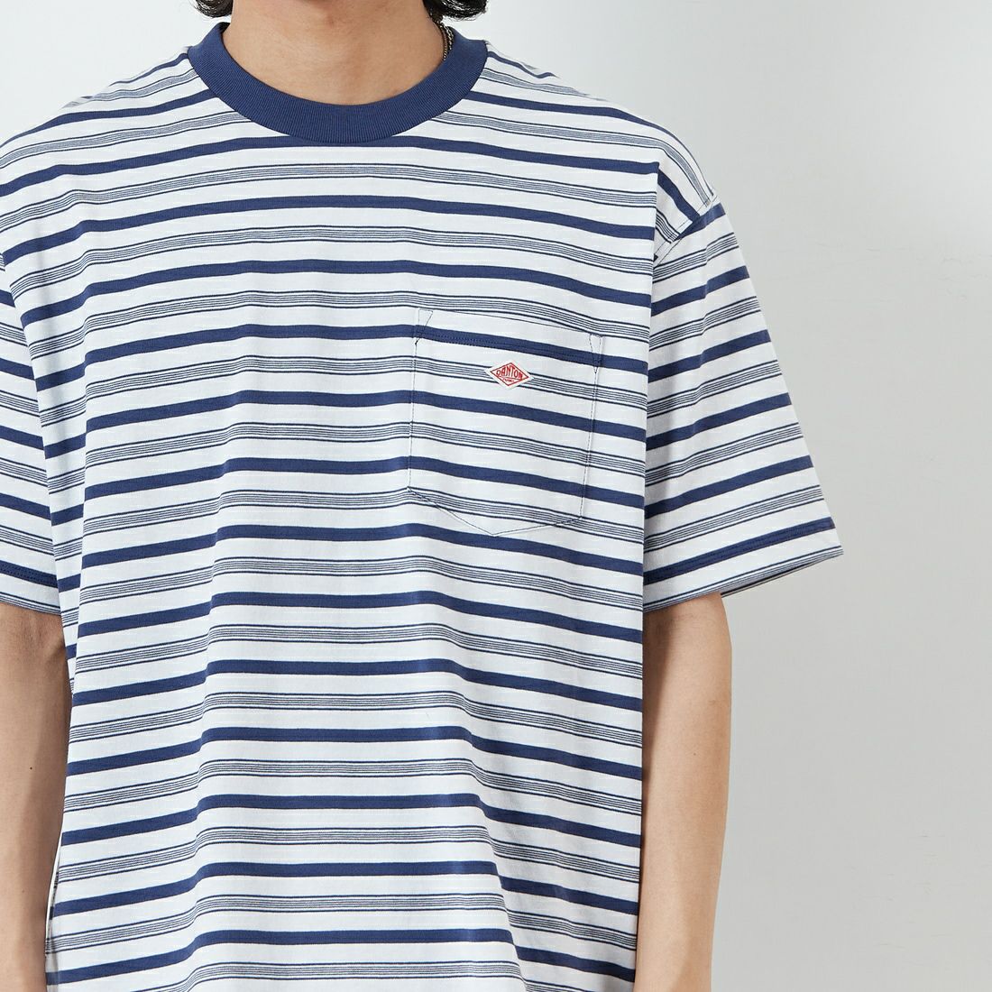 DANTON [ダントン] ストライプ ポケットTシャツ [DT-C0198TCB] L.NVY/WHT &&モデル身長：179cm 着用サイズ：XXL&&
