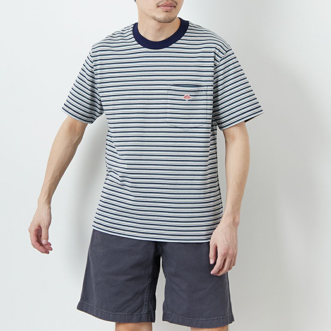 DANTON [ダントン] ストライプ ポケットTシャツ [DT-C0198TCB] NVY/GY MLT &&モデル身長：168cm 着用サイズ：S&&