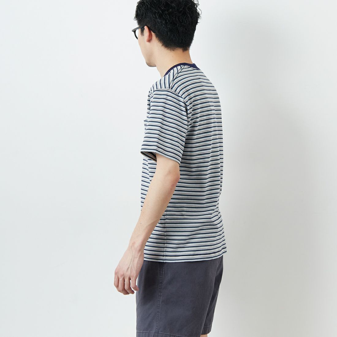 DANTON [ダントン] ストライプ ポケットTシャツ [DT-C0198TCB] NVY/GY MLT &&モデル身長：168cm 着用サイズ：S&&