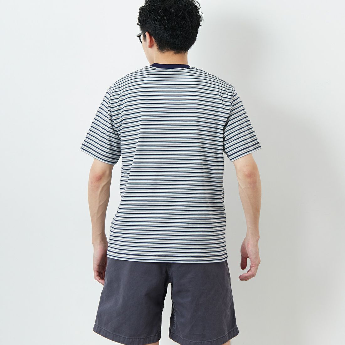 DANTON [ダントン] ストライプ ポケットTシャツ [DT-C0198TCB] NVY/GY MLT &&モデル身長：168cm 着用サイズ：S&&