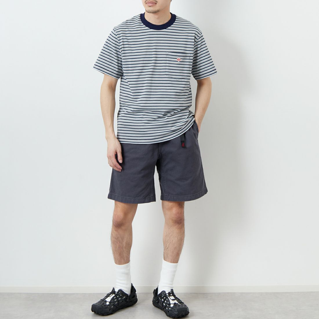 DANTON [ダントン] ストライプ ポケットTシャツ [DT-C0198TCB] NVY/GY MLT &&モデル身長：168cm 着用サイズ：S&&