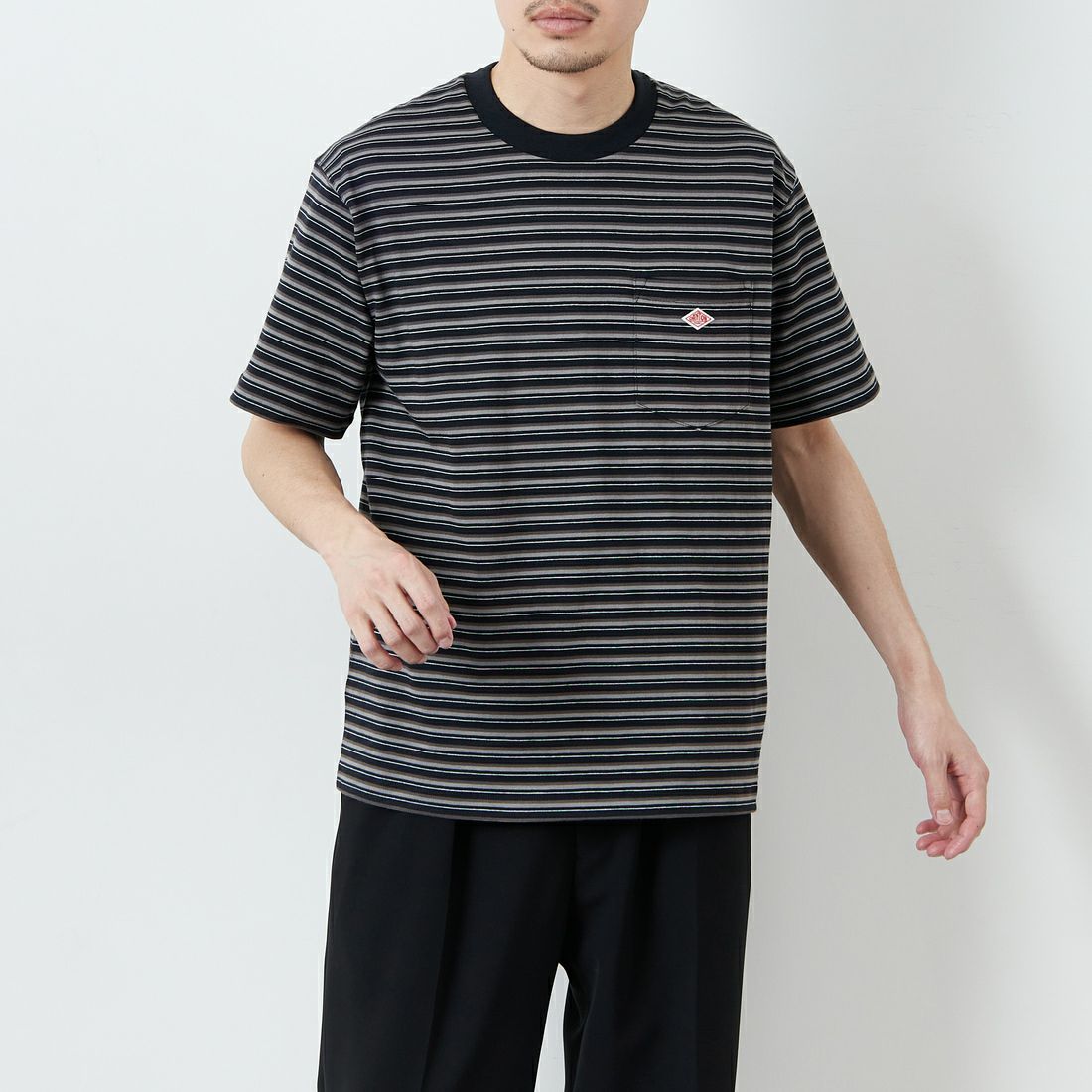 DANTON [ダントン] ストライプ ポケットTシャツ [DT-C0198TCB] BK/D.GY ML &&モデル身長：168cm 着用サイズ：M&&