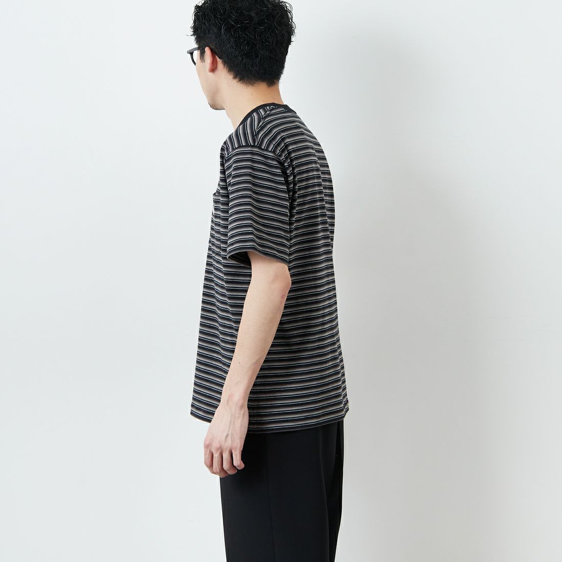 DANTON [ダントン] ストライプ ポケットTシャツ [DT-C0198TCB] BK/D.GY ML &&モデル身長：168cm 着用サイズ：M&&