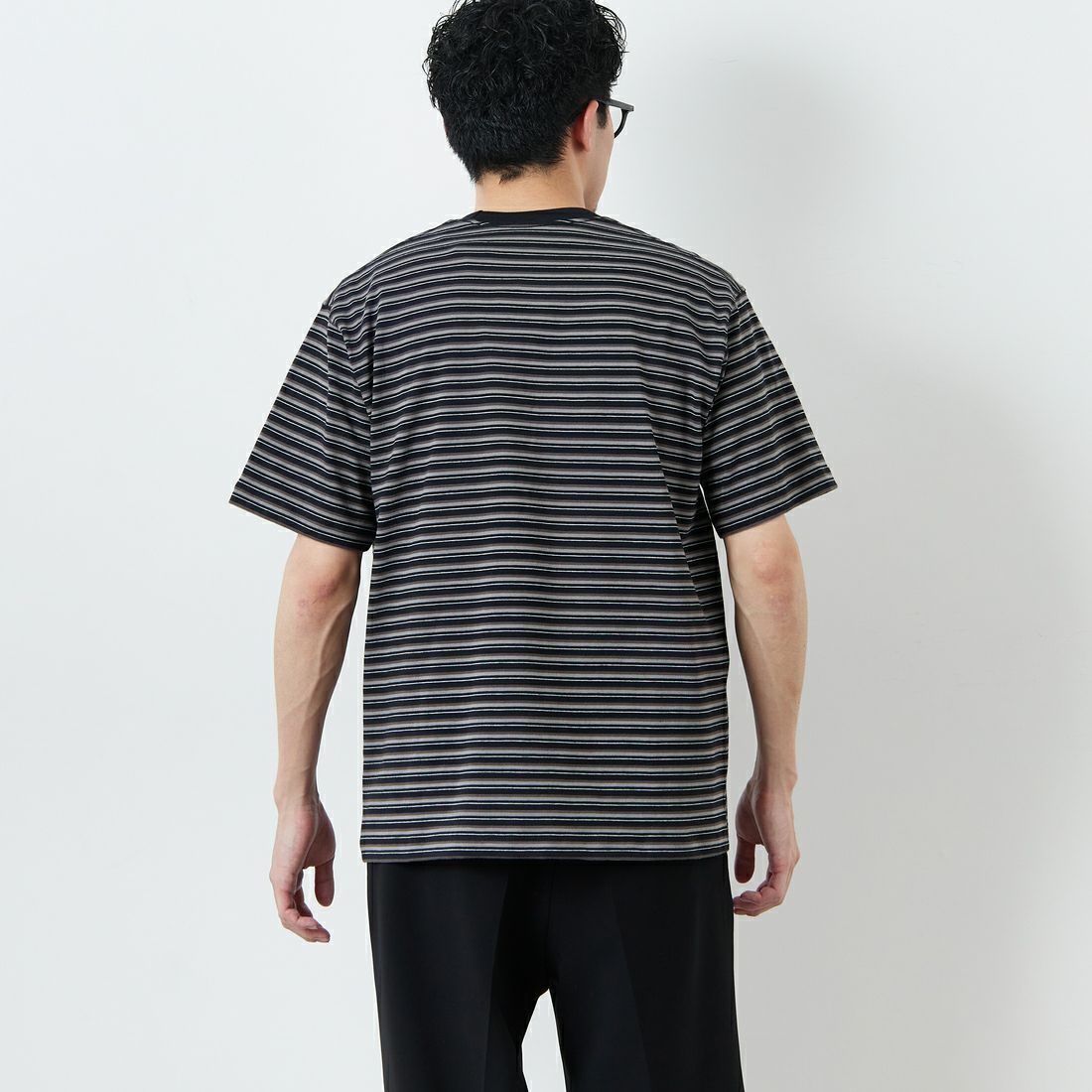 DANTON [ダントン] ストライプ ポケットTシャツ [DT-C0198TCB] BK/D.GY ML &&モデル身長：168cm 着用サイズ：M&&