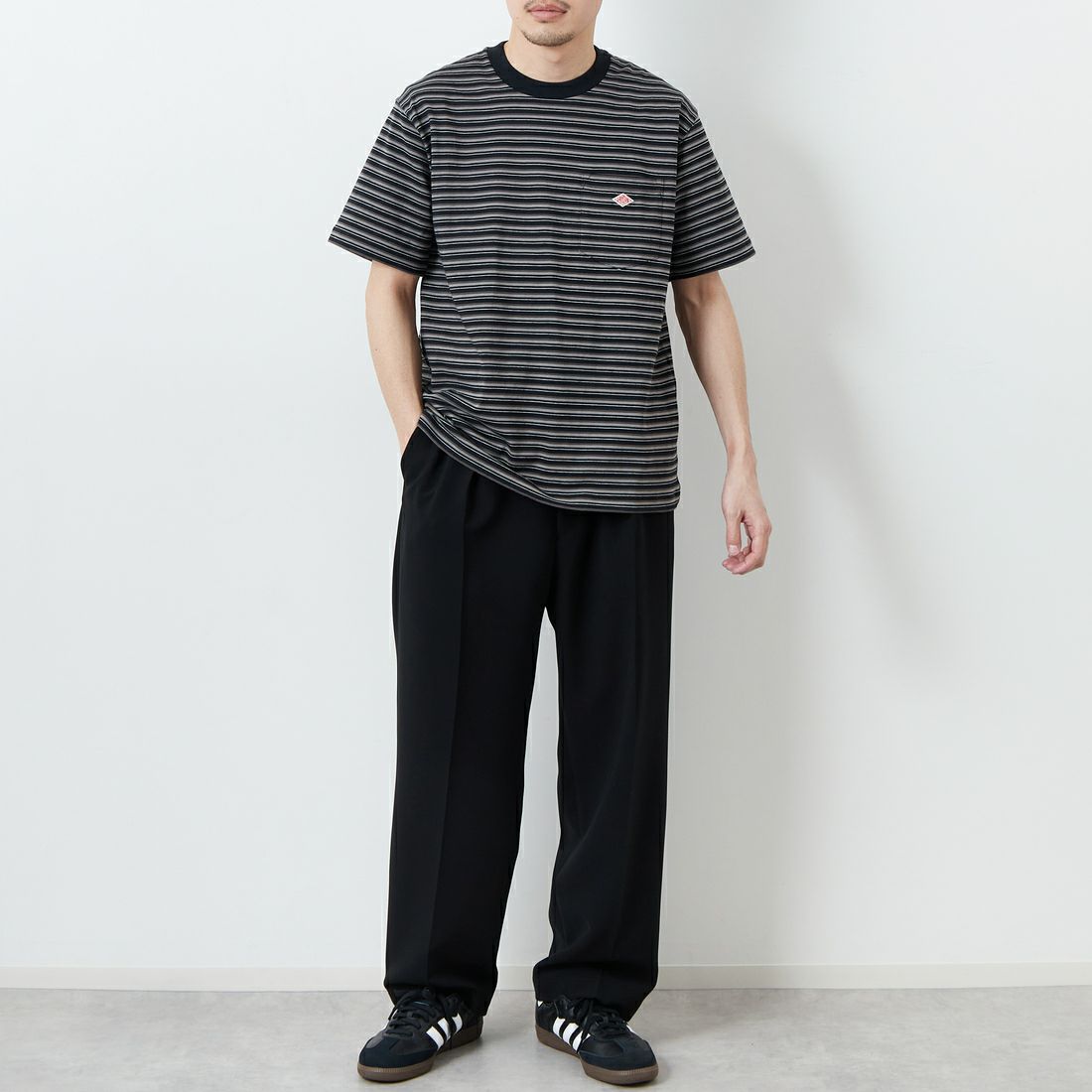 DANTON [ダントン] ストライプ ポケットTシャツ [DT-C0198TCB] BK/D.GY ML &&モデル身長：168cm 着用サイズ：M&&