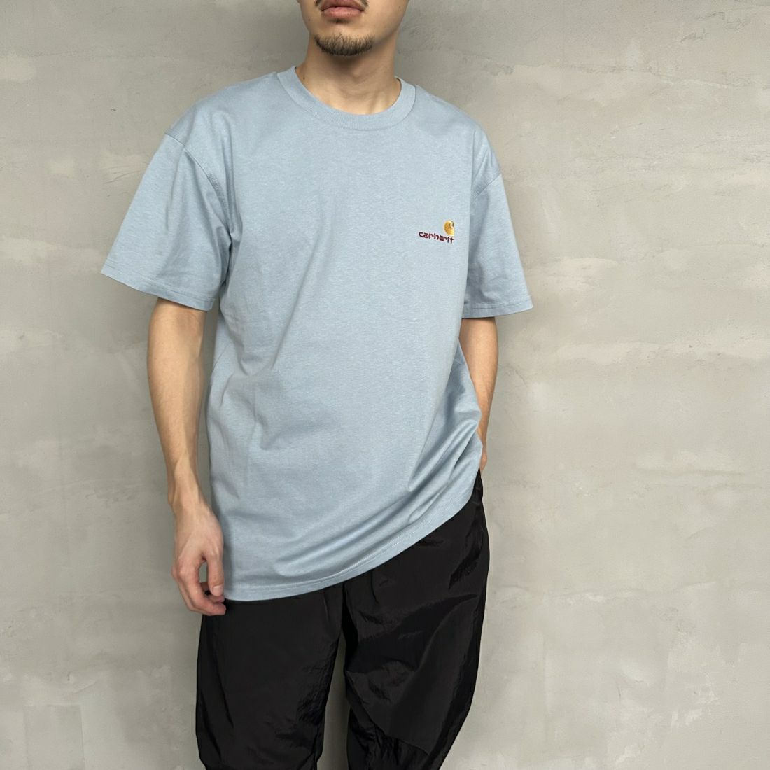 carhartt WIP [カーハートダブリューアイピー] ショートスリーブアメリカンスクリプトTシャツ [I029956] ASH HEATHE &&モデル身長：179cm 着用サイズ：M&&