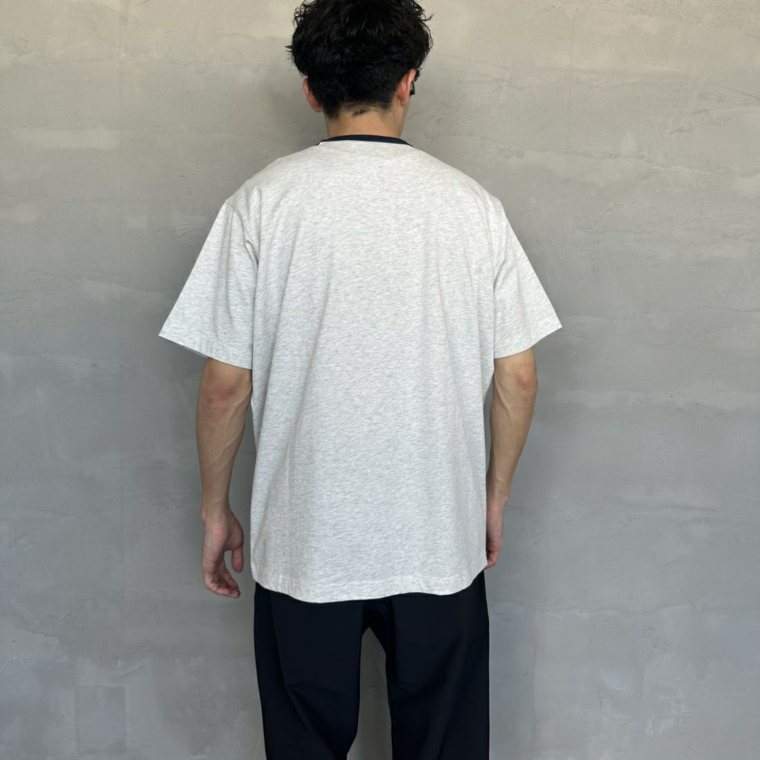THE FOX [ザフォックス] 別注 ワンポイントロゴワッペン リンガーTシャツ [JF24SS-02-JF] A.GRY/NVY &&モデル身長：168cm 着用サイズ：L&&