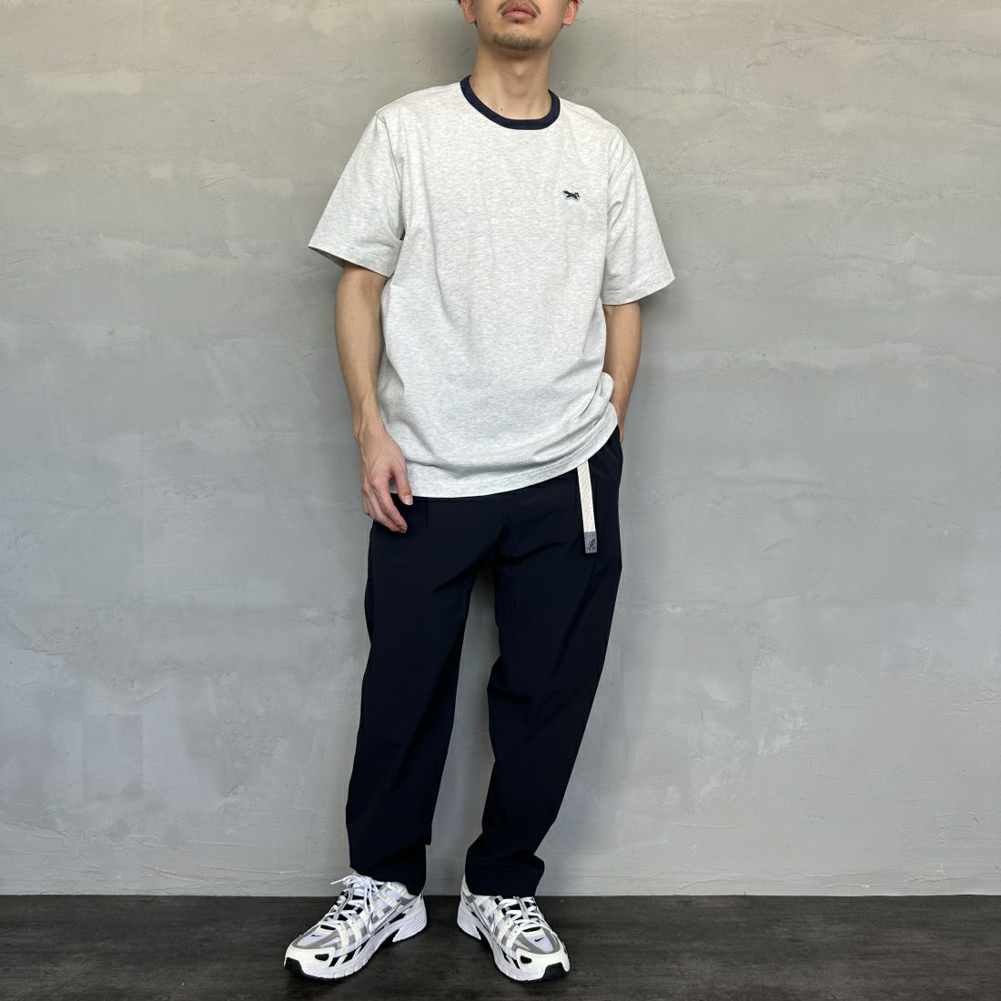 THE FOX [ザフォックス] 別注 ワンポイントロゴワッペン リンガーTシャツ [JF24SS-02-JF] A.GRY/NVY &&モデル身長：168cm 着用サイズ：L&&