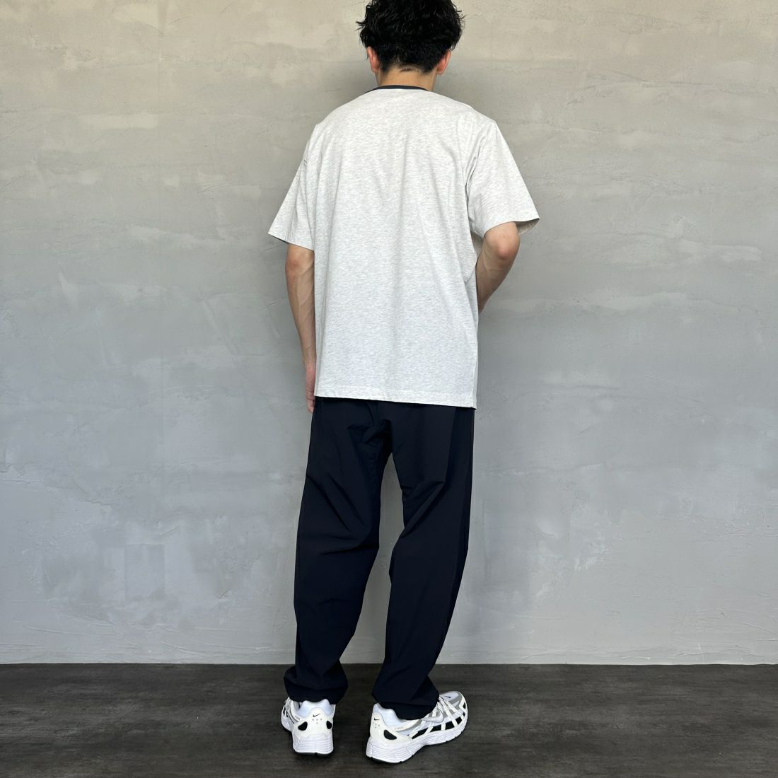 THE FOX [ザフォックス] 別注 ワンポイントロゴワッペン リンガーTシャツ [JF24SS-02-JF] A.GRY/NVY &&モデル身長：168cm 着用サイズ：L&&