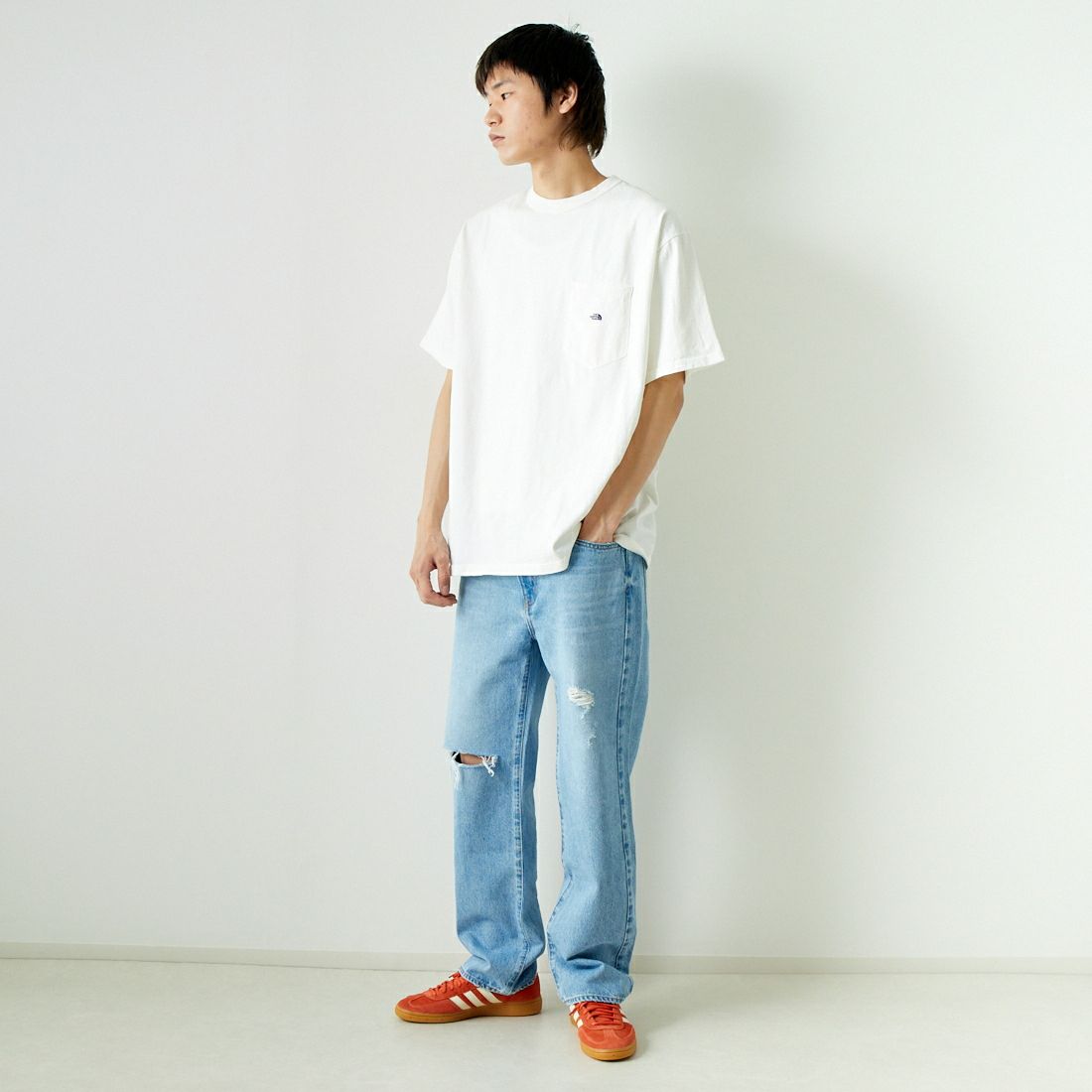 THE NORTH FACE PURPLE LABEL [ザ ノースフェイス パープルレーベル] 7OZ ポケットTシャツ [NT3366N] OP OW/PP &&モデル身長：182cm 着用サイズ：XL&&