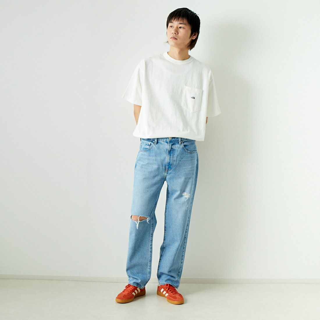 THE NORTH FACE PURPLE LABEL [ザ ノースフェイス パープルレーベル] 7OZ ポケットTシャツ [NT3366N] OP OW/PP &&モデル身長：182cm 着用サイズ：XL&&