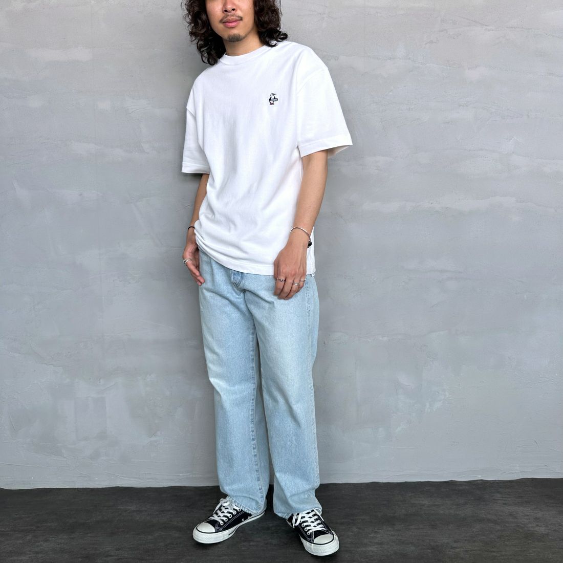 CHUMS [チャムス] ブービーロゴ刺繍 オーバーサイズ鹿の子Tシャツ [CH02-1186] W001 WHITE &&モデル身長：173cm 着用サイズ：M&&