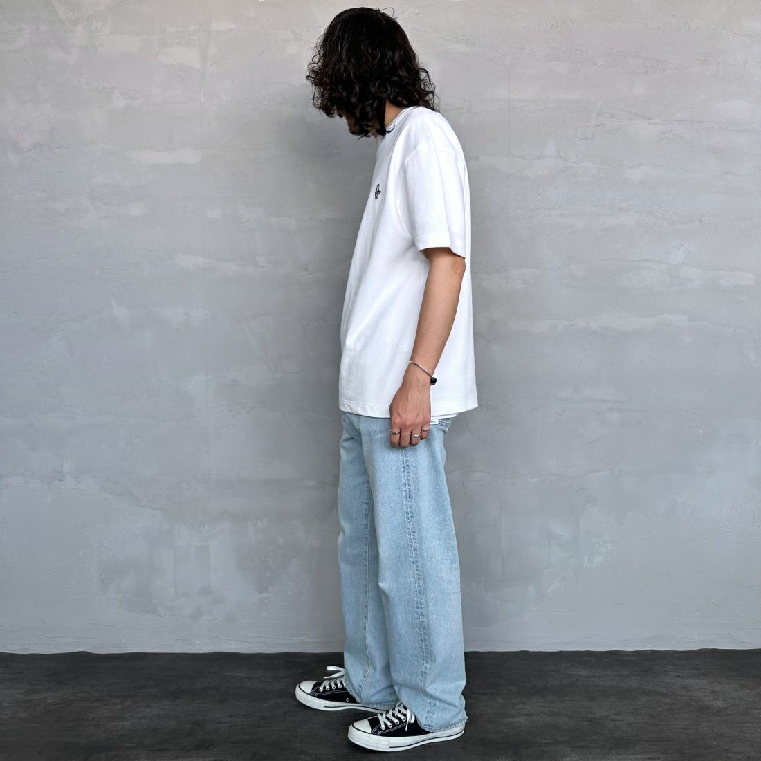 CHUMS [チャムス] ブービーロゴ刺繍 オーバーサイズ鹿の子Tシャツ [CH02-1186] W001 WHITE &&モデル身長：173cm 着用サイズ：M&&
