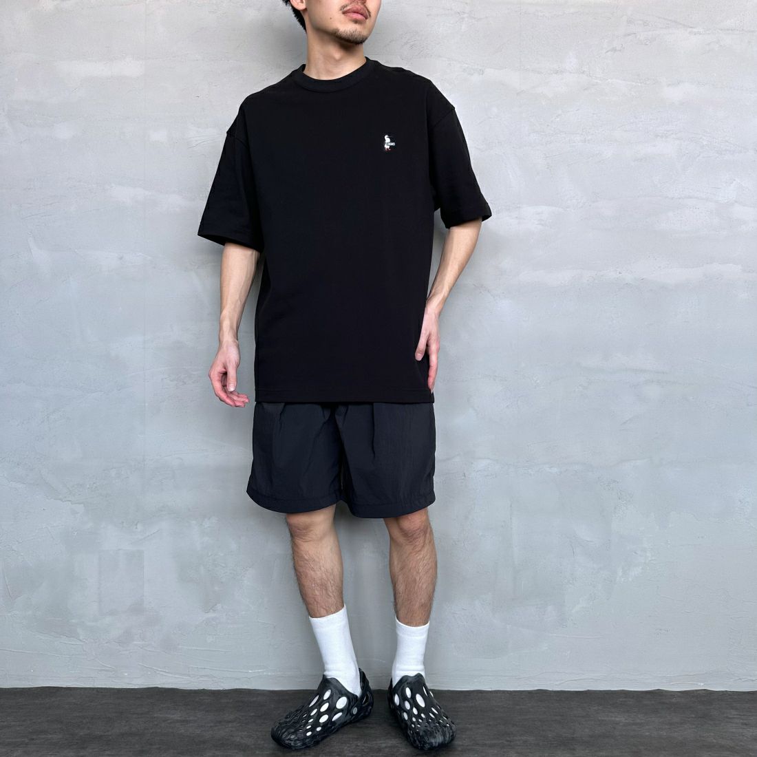 CHUMS [チャムス] ブービーロゴ刺繍 オーバーサイズ鹿の子Tシャツ [CH02-1186] K001 BLACK &&モデル身長：168cm 着用サイズ：L&&