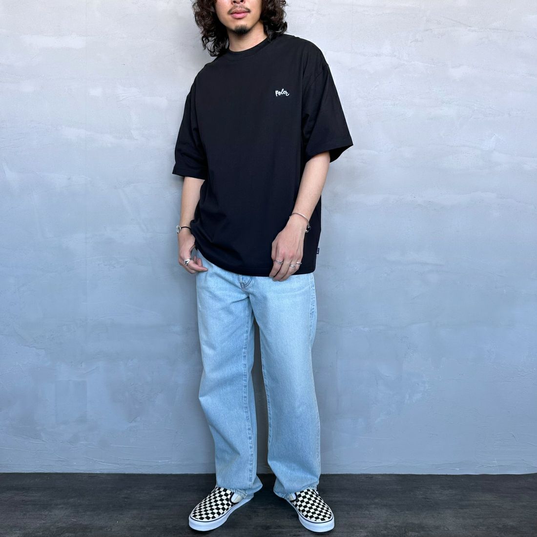 POLeR [ポーラー] 別注 POPPY フラワーバックプリント ショートスリーブTシャツ [249MCV0010-JF] BLACK &&モデル身長：173cm 着用サイズ：L&&