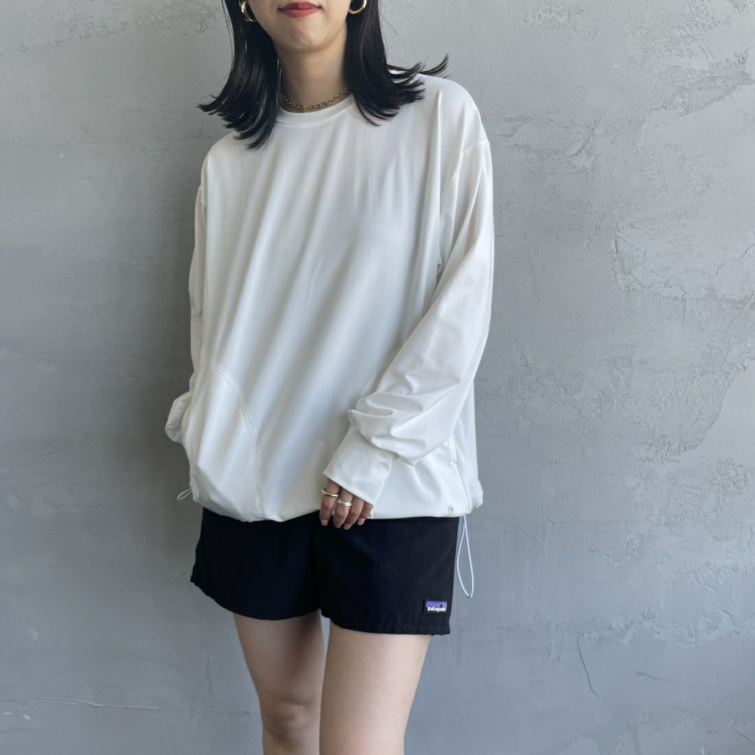 Jeans Factory Clothes [ジーンズファクトリークローズ] 裾ドローコードラッシュガードTシャツ [IN2-CST-4] WHITE &&モデル身長：163cm 着用サイズ：S&&