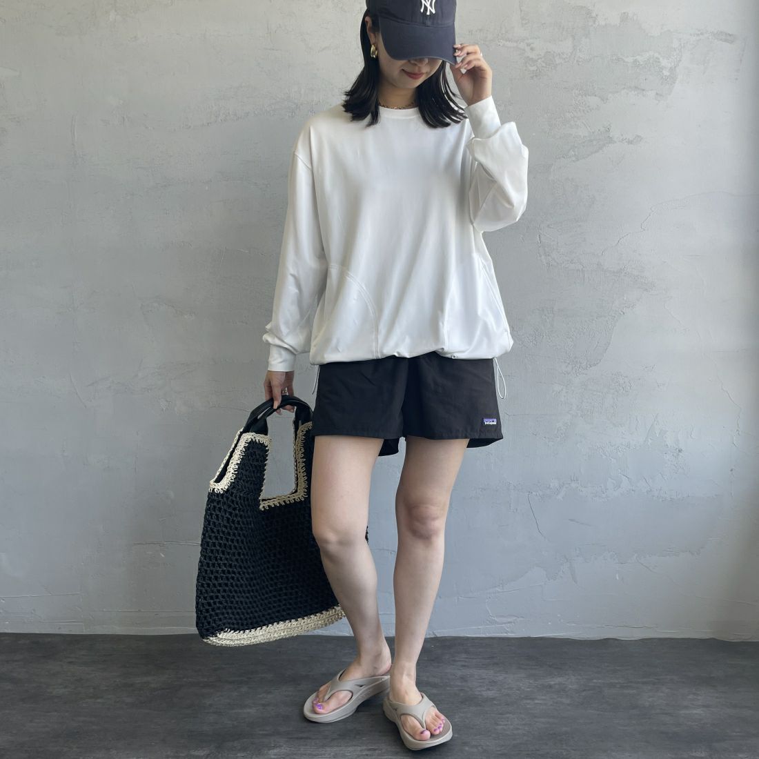 Jeans Factory Clothes [ジーンズファクトリークローズ] 裾ドローコードラッシュガードTシャツ [IN2-CST-4] WHITE &&モデル身長：163cm 着用サイズ：M&&