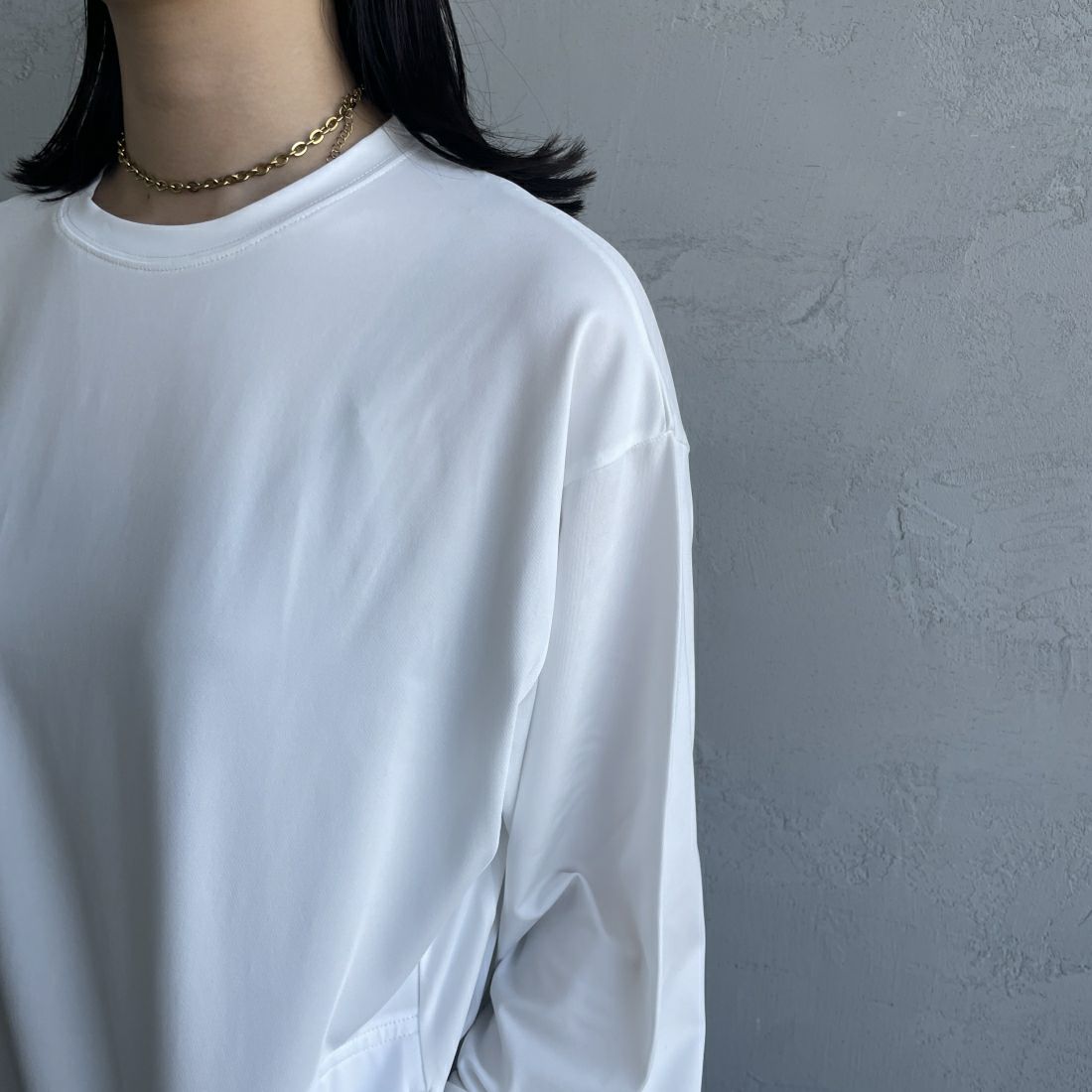 Jeans Factory Clothes [ジーンズファクトリークローズ] 裾ドローコードラッシュガードTシャツ [IN2-CST-4] WHITE &&モデル身長：163cm 着用サイズ：M&&