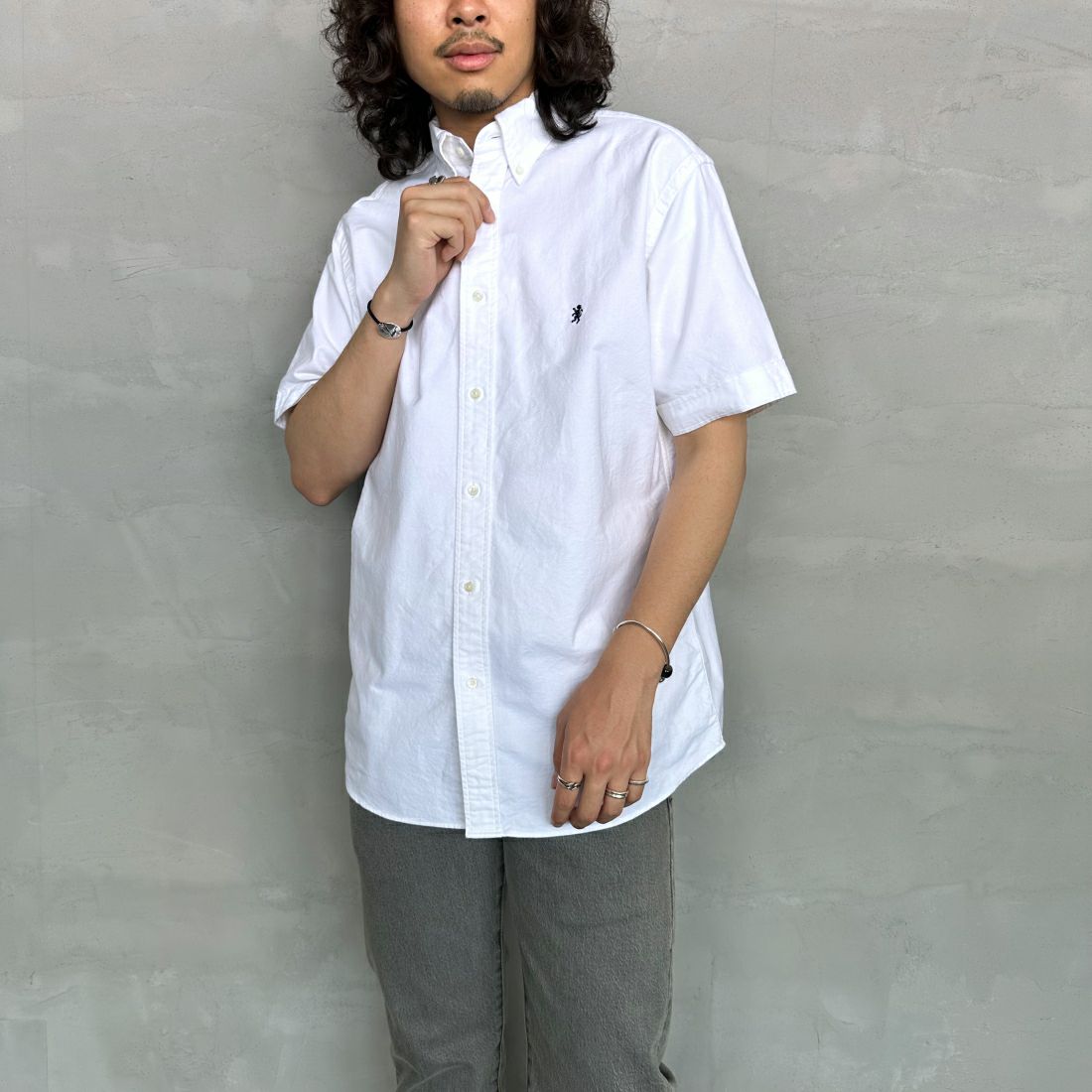 Gymphlex [ジムフレックス] ボタンダウン ショートスリーブシャツ [GY-B0244SOX] WHITE &&モデル身長：173cm 着用サイズ：L&&