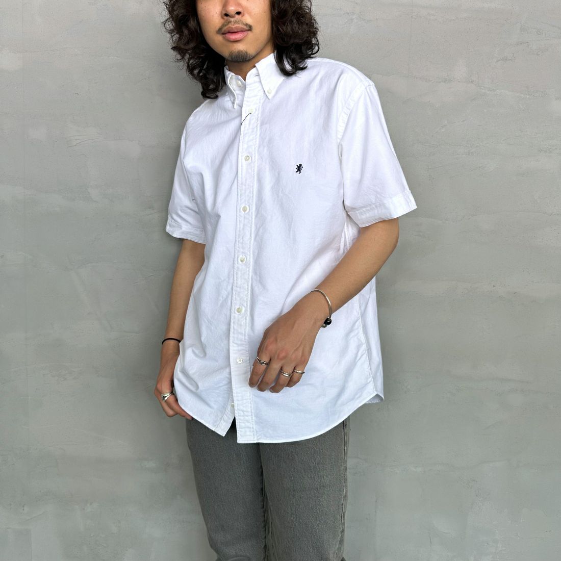 Gymphlex [ジムフレックス] ボタンダウン ショートスリーブシャツ [GY-B0244SOX] WHITE &&モデル身長：173cm 着用サイズ：L&&