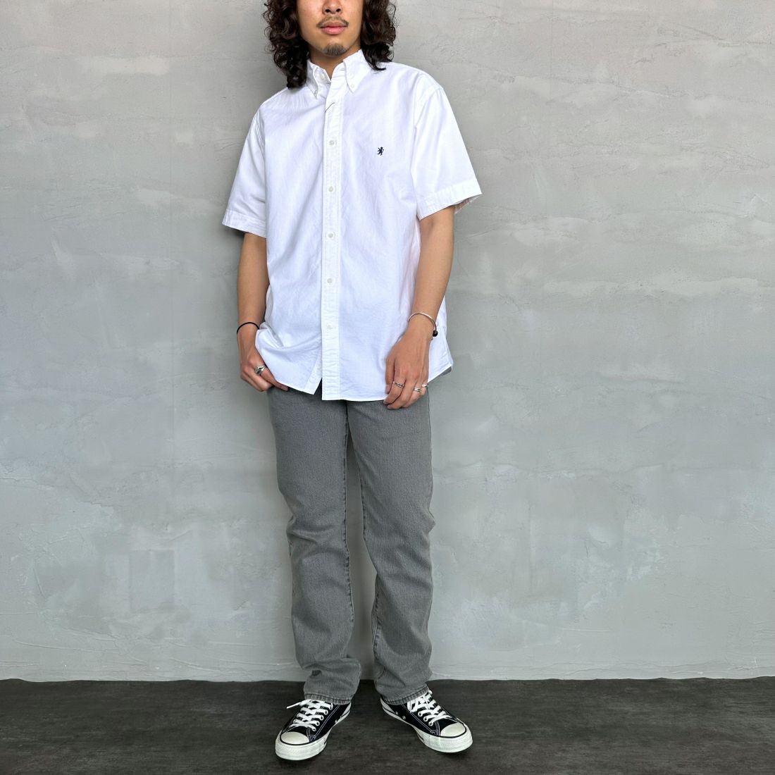 Gymphlex [ジムフレックス] ボタンダウン ショートスリーブシャツ [GY-B0244SOX] WHITE &&モデル身長：173cm 着用サイズ：L&&