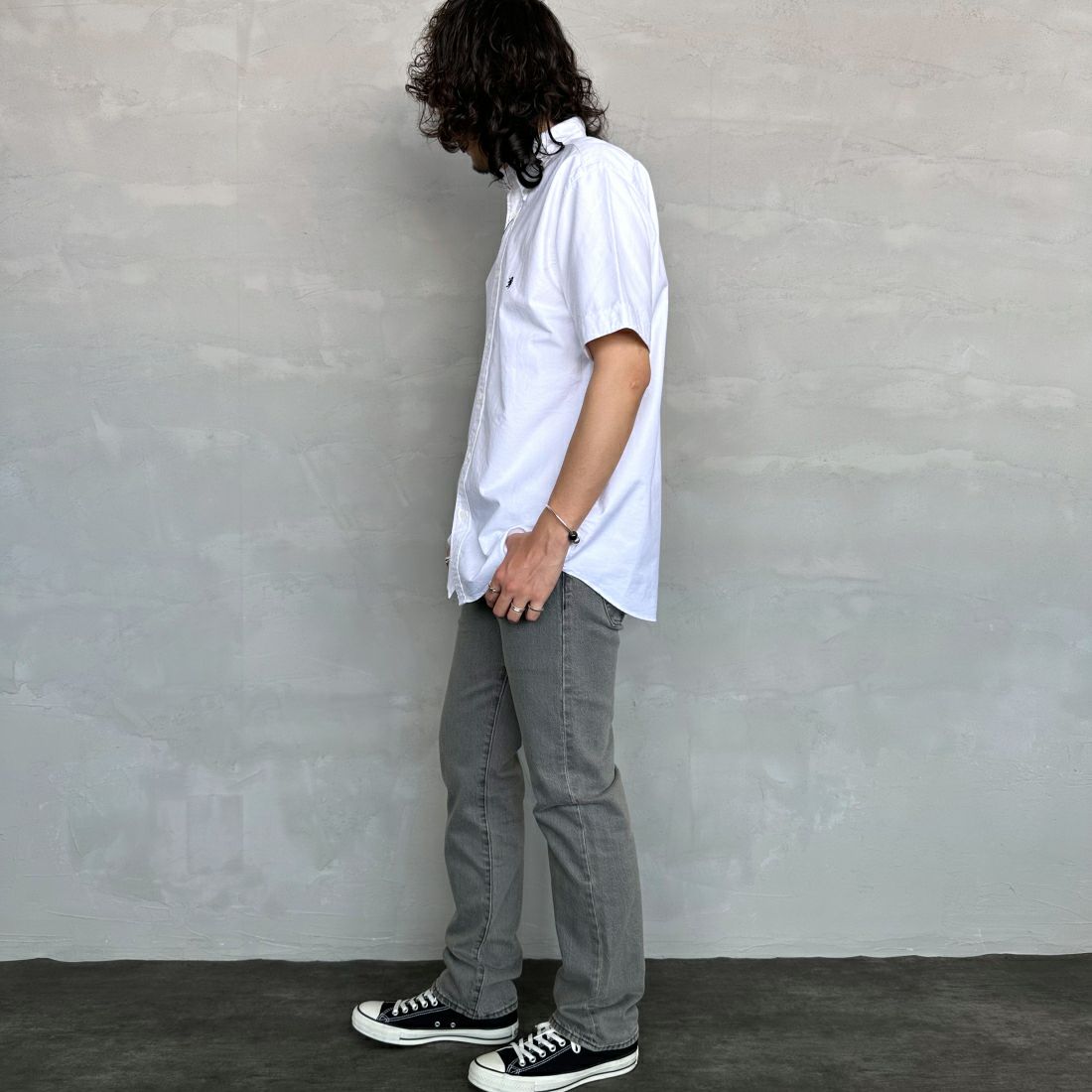 Gymphlex [ジムフレックス] ボタンダウン ショートスリーブシャツ [GY-B0244SOX] WHITE &&モデル身長：173cm 着用サイズ：L&&