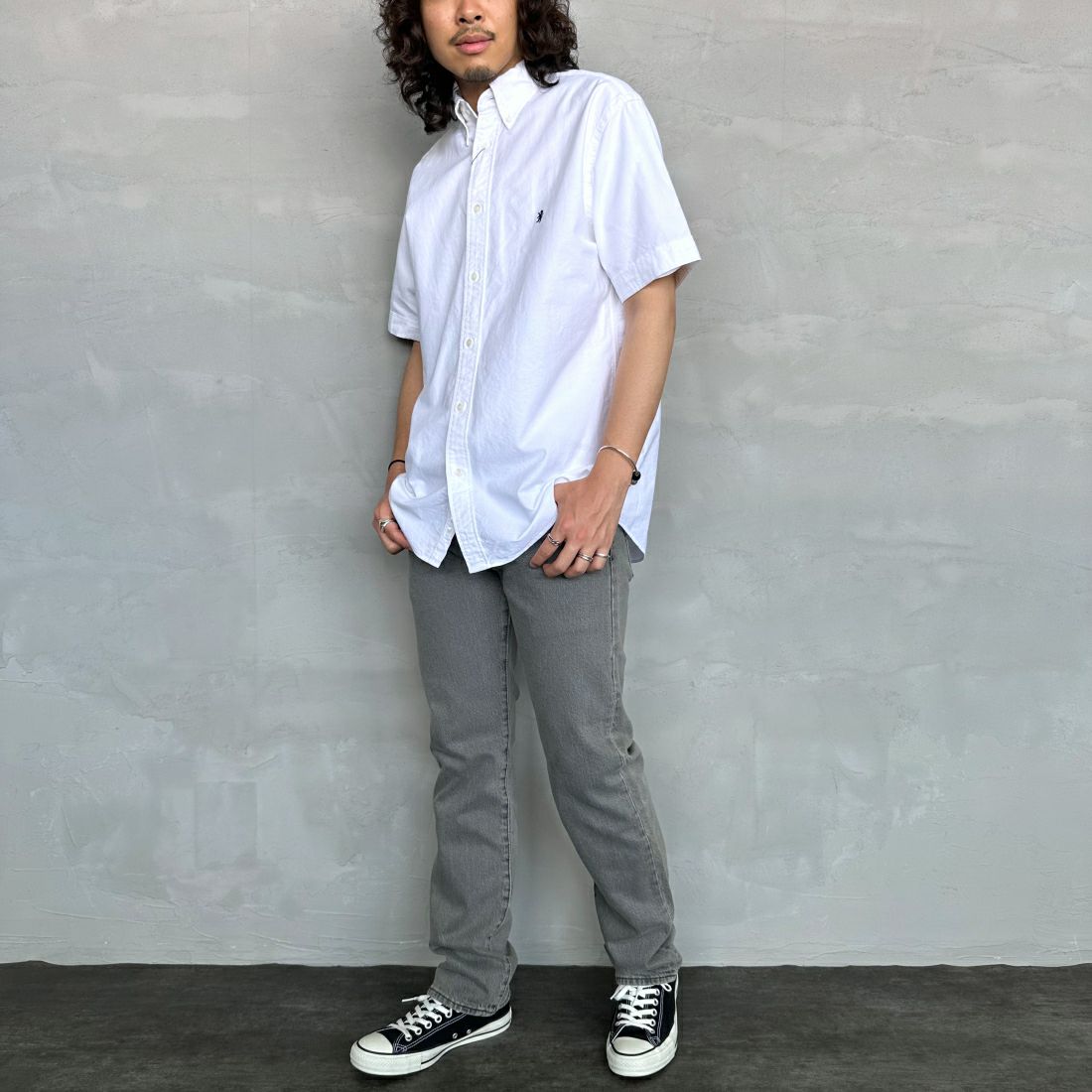 Gymphlex [ジムフレックス] ボタンダウン ショートスリーブシャツ [GY-B0244SOX] WHITE &&モデル身長：173cm 着用サイズ：L&&