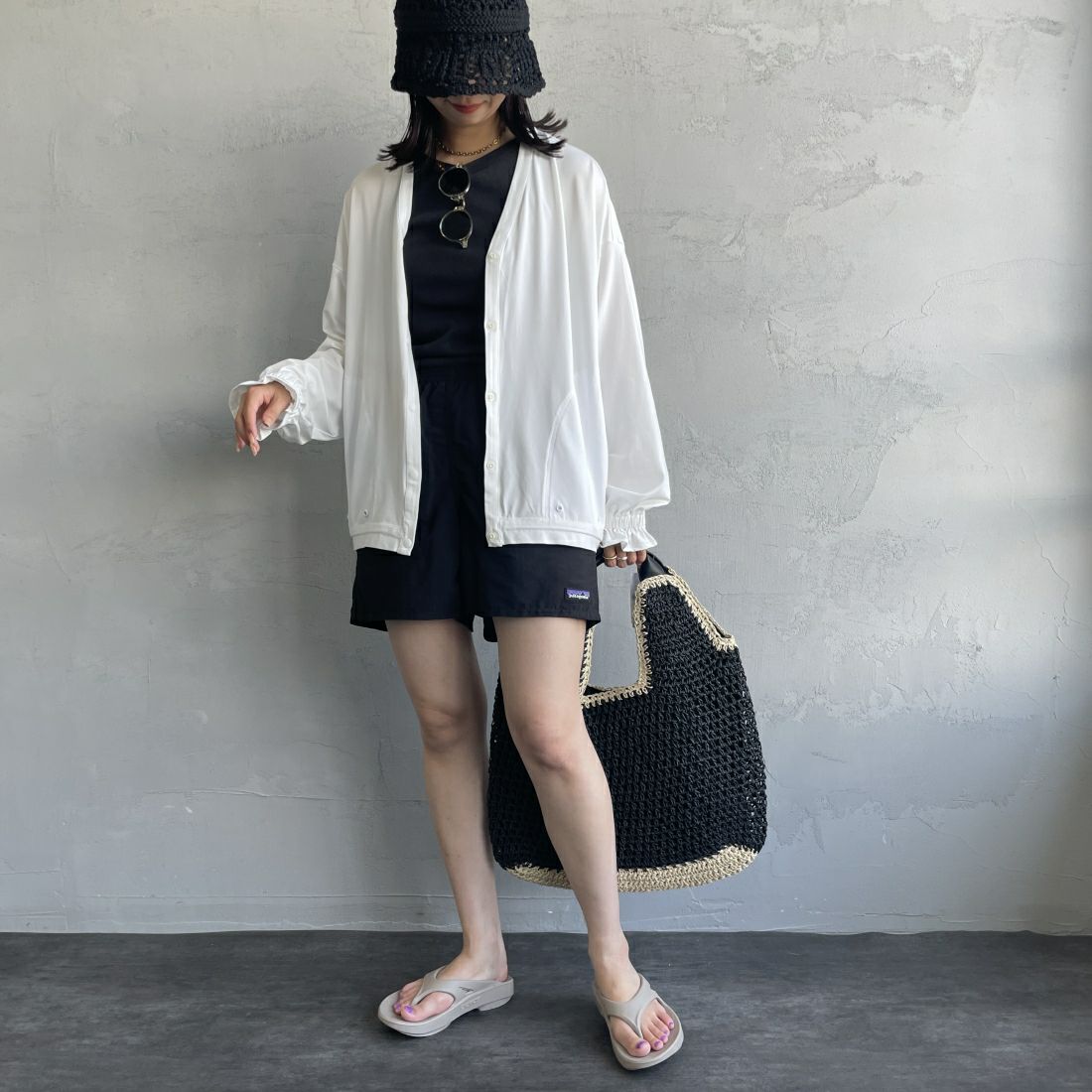 Jeans Factory Clothes [ジーンズファクトリークローズ] ラッシュガードVネックカーディガン [IN1-CST-4] WHITE &&モデル身長：163cm 着用サイズ：M&&