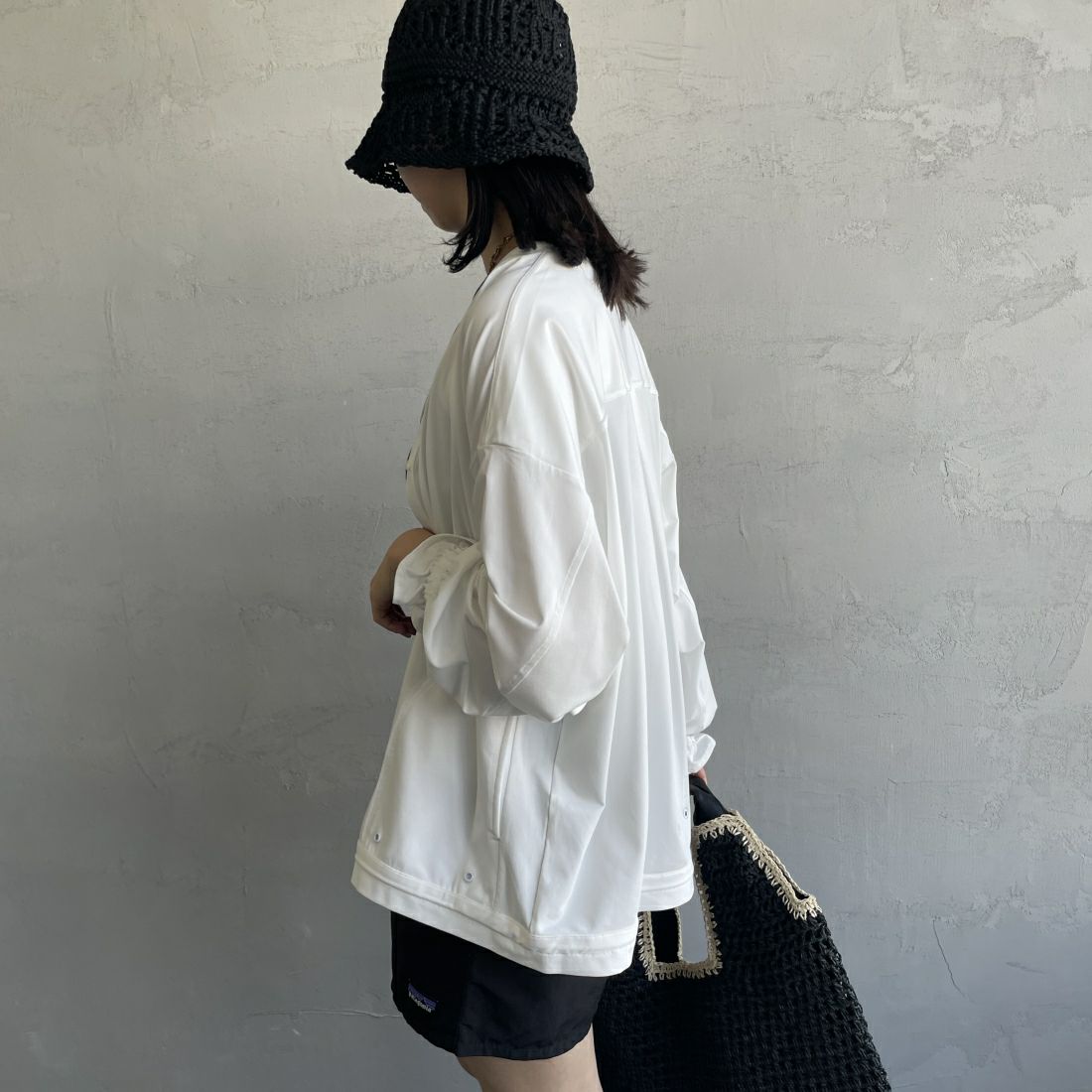 Jeans Factory Clothes [ジーンズファクトリークローズ] ラッシュガードVネックカーディガン [IN1-CST-4] WHITE &&モデル身長：163cm 着用サイズ：M&&