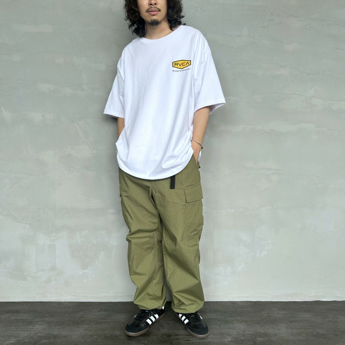 RVCA [ルーカ] HEX BOX Tシャツ [BE041-225] WHT &&モデル身長：173cm 着用サイズ：XL&&