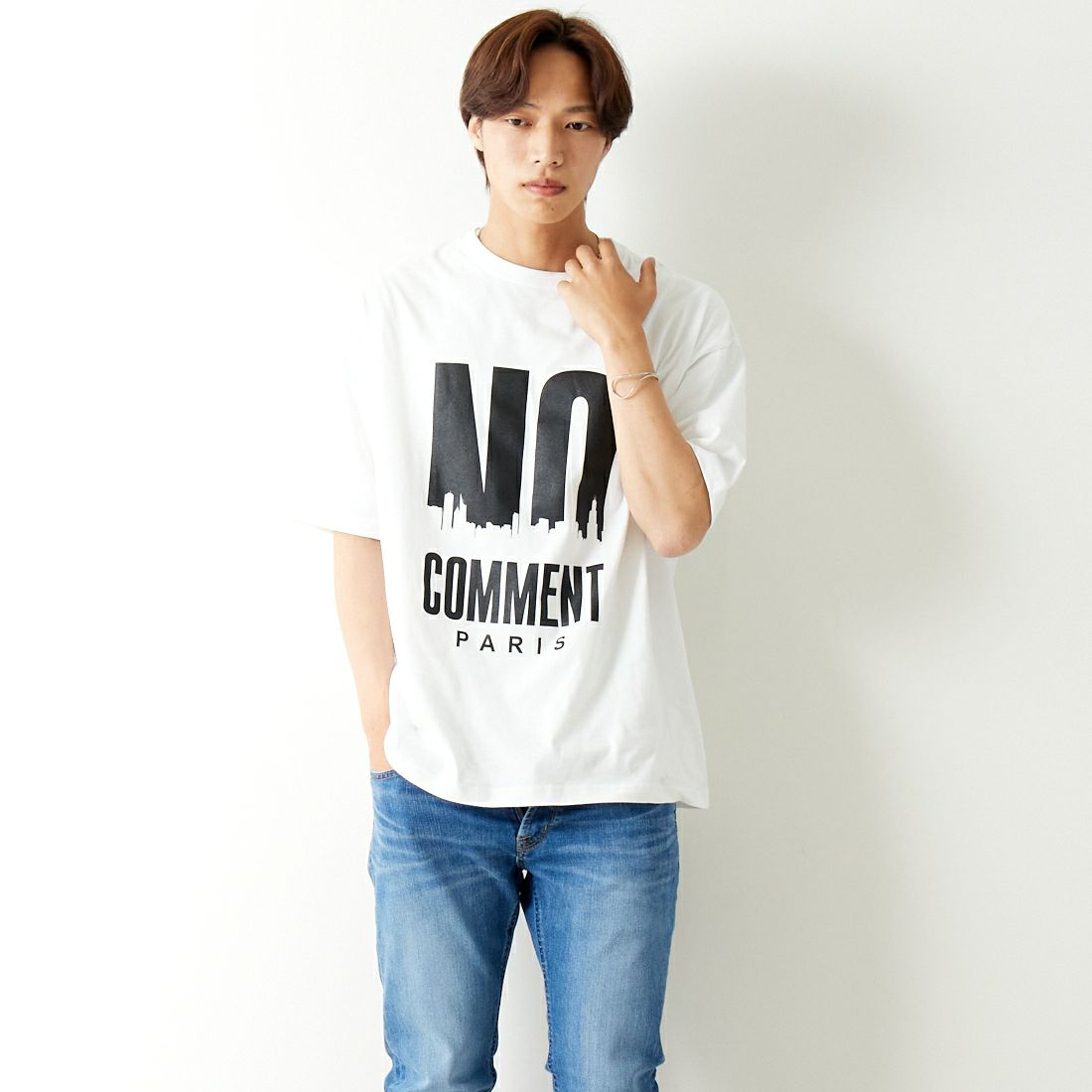 NO COMMENT PARIS [ノーコメントパリ] ショートスリーブ ビッグロゴTシャツ [NC-OT0035] WHITE &&モデル身長：179cm 着用サイズ：L&&