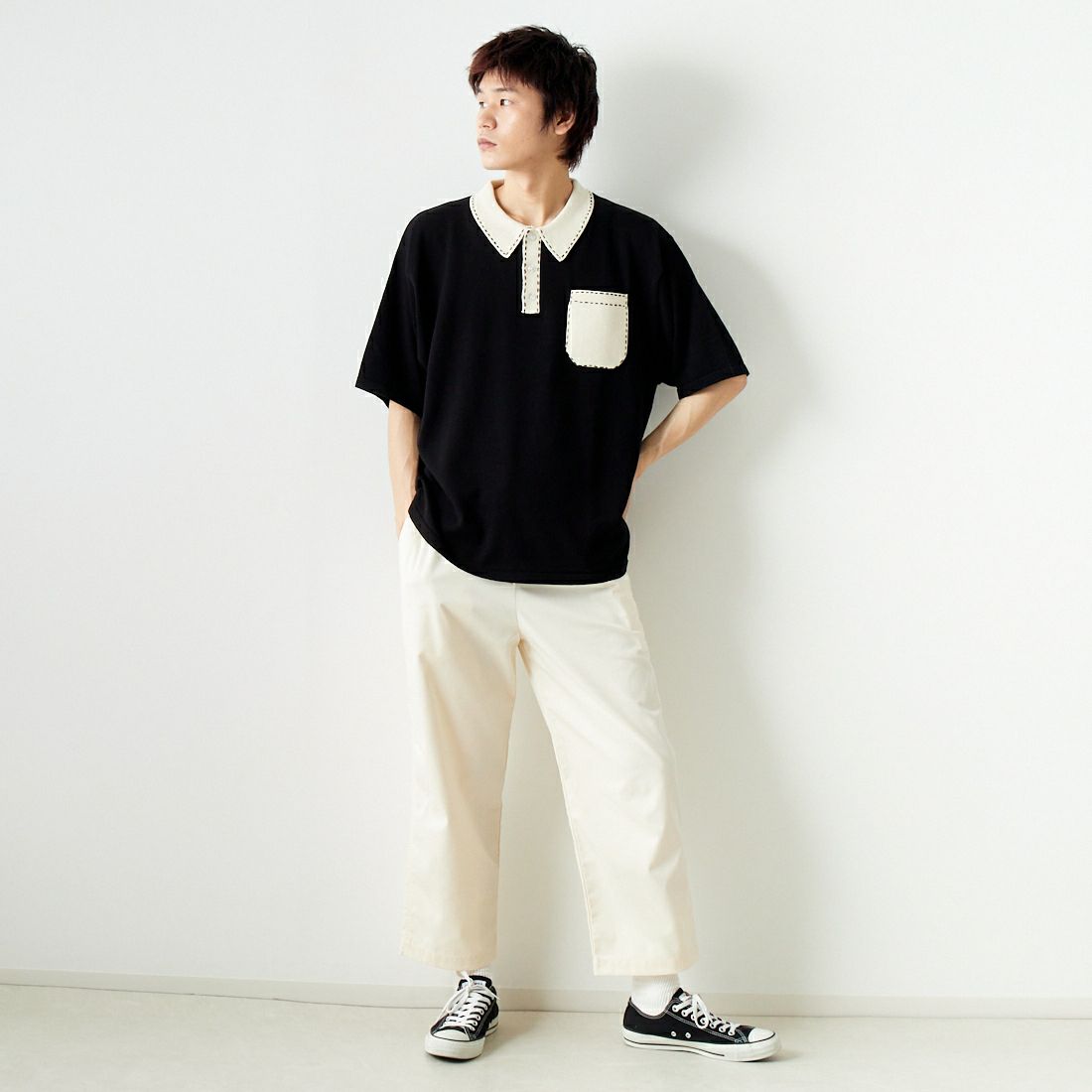 ERICK HUNTER [エリックハンター] リヴィジョン ワイドフィットパンツ [EH100001000] OFF WHITE &&モデル身長：182cm 着用サイズ：M&&