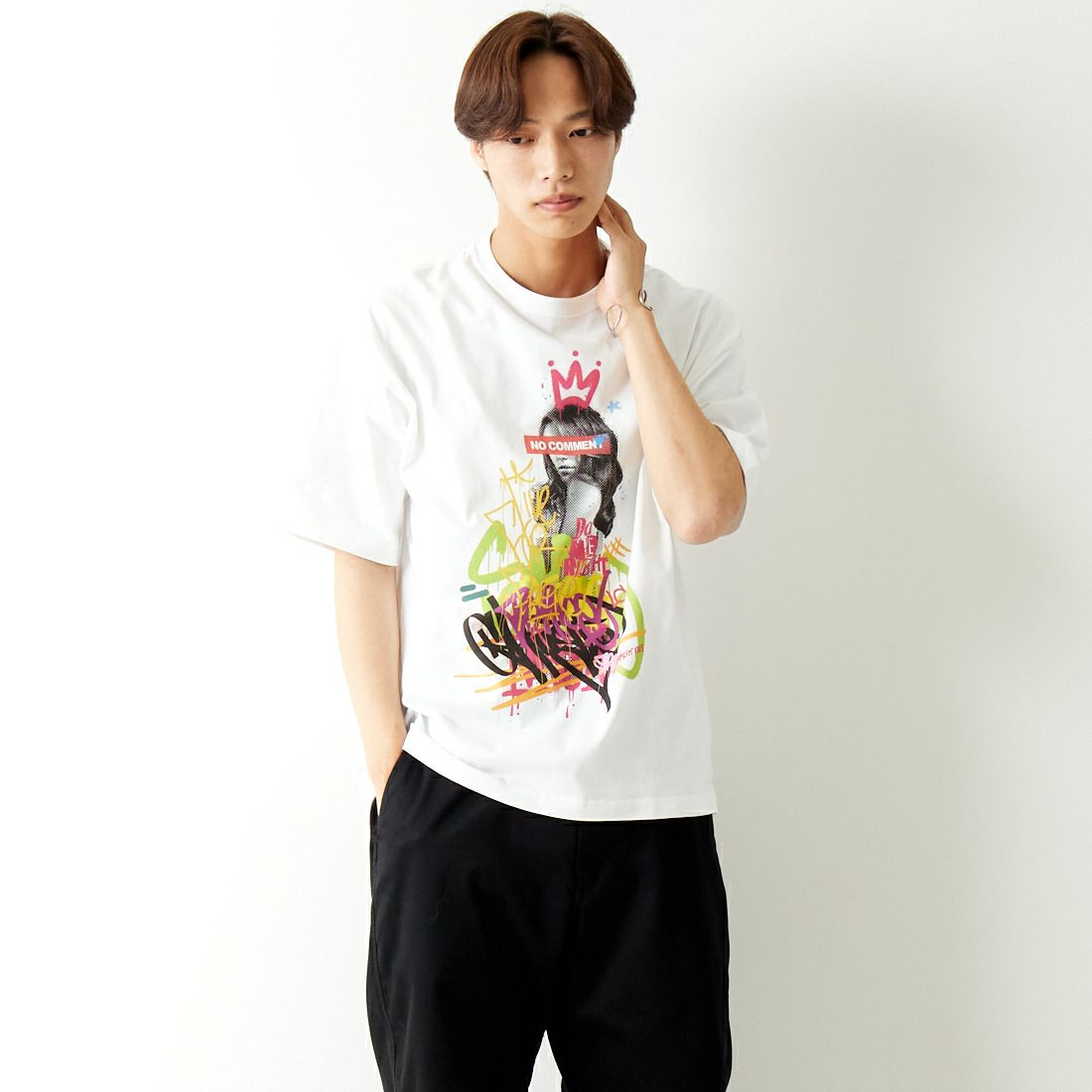 NO COMMENT PARIS [ノーコメントパリ] ショートスリーブ プリントTシャツ [NC-OT0049] WHITE &&モデル身長：179cm 着用サイズ：L&&