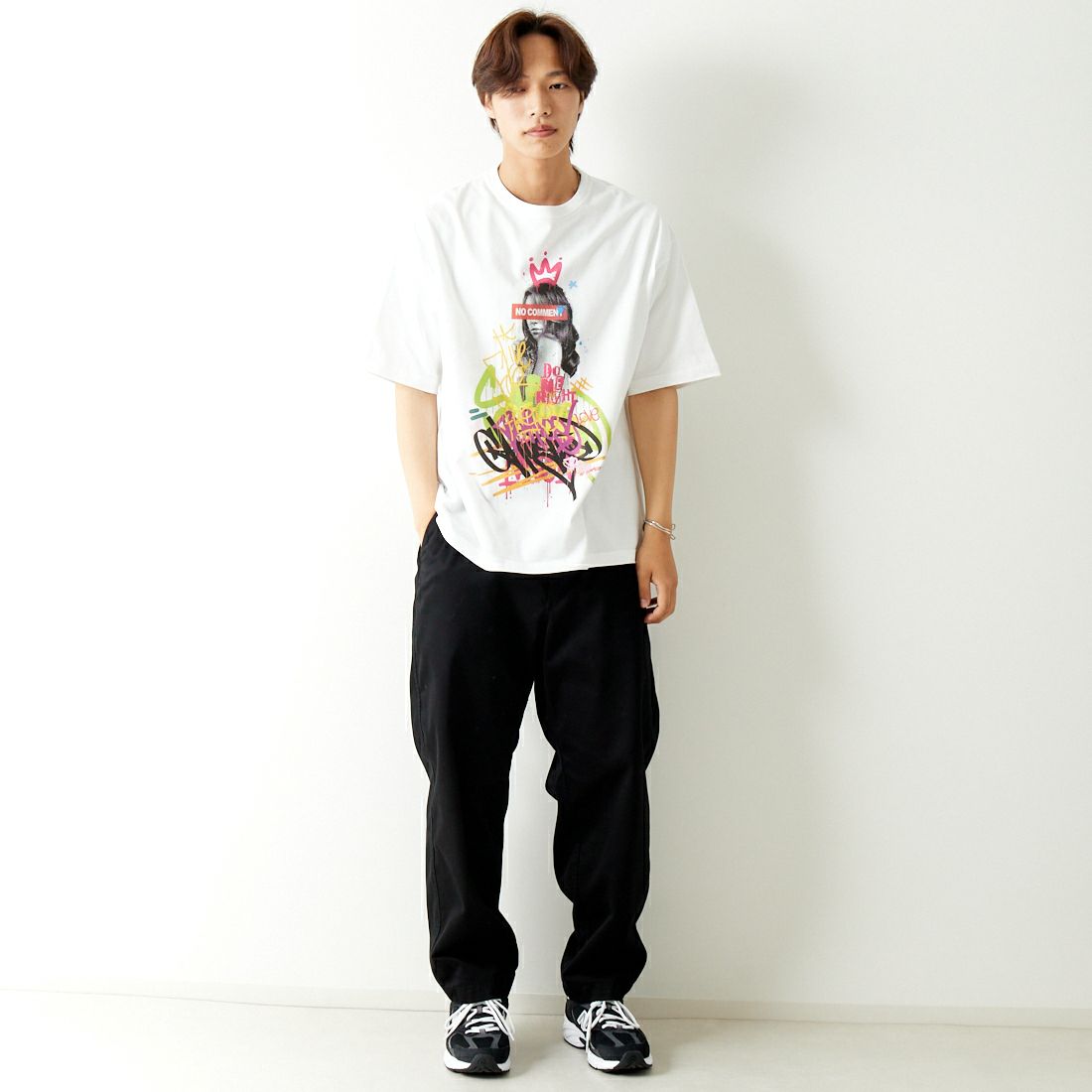 NO COMMENT PARIS [ノーコメントパリ] ショートスリーブ プリントTシャツ [NC-OT0049] WHITE &&モデル身長：179cm 着用サイズ：L&&