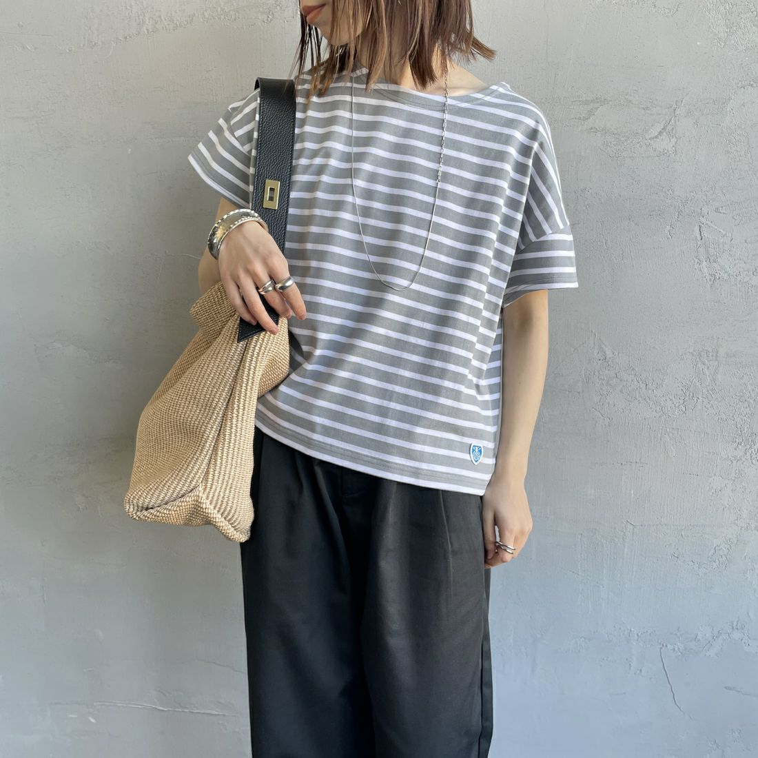 ORCIVAL [オーシバル] ボートネック ショートスリーブプルオーバー [OR-C0335BFJ] GREY/WHITE &&モデル身長：158cm 着用サイズ：1&&