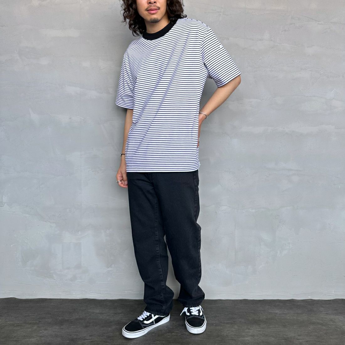 ORCIVAL [オーシバル] クルーネックボーダーTシャツ [OR-C0338CCF] WHITE/BLAC &&モデル身長：173cm 着用サイズ：5&&